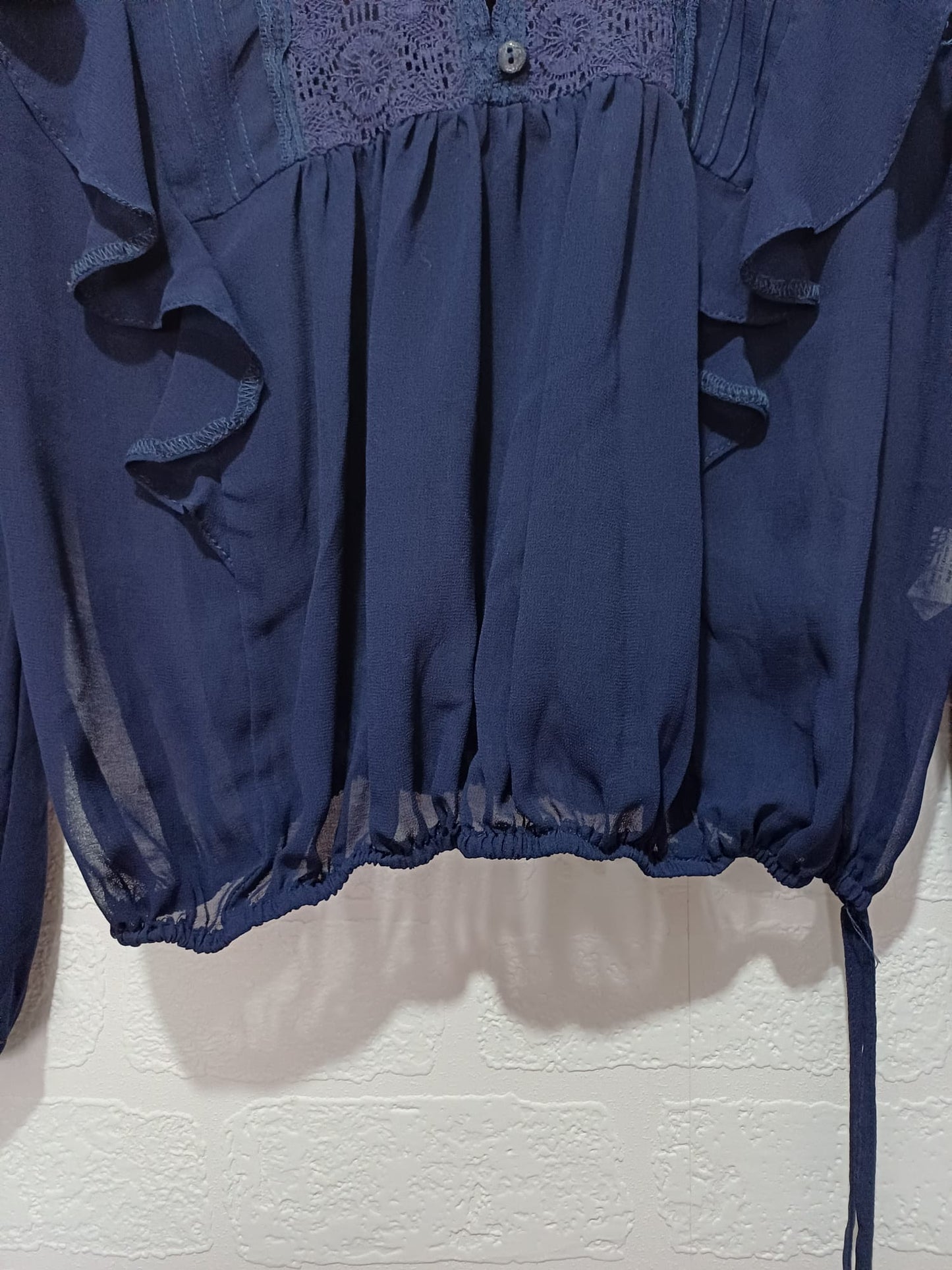 Women's Blouse Chelsea Girl Navy Blue Lace Ruffle Boho Long Sleeve Button Front Size 14 Approx. 20" PTP - Very Good Condition