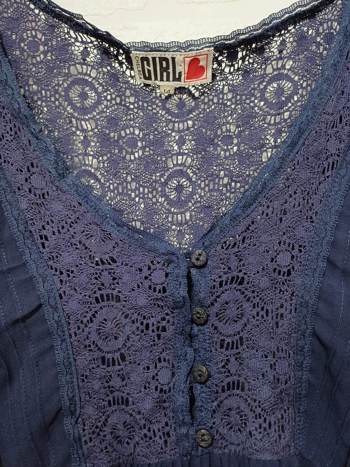 Women's Blouse Chelsea Girl Navy Blue Lace Ruffle Boho Long Sleeve Button Front Size 14 Approx. 20" PTP - Very Good Condition