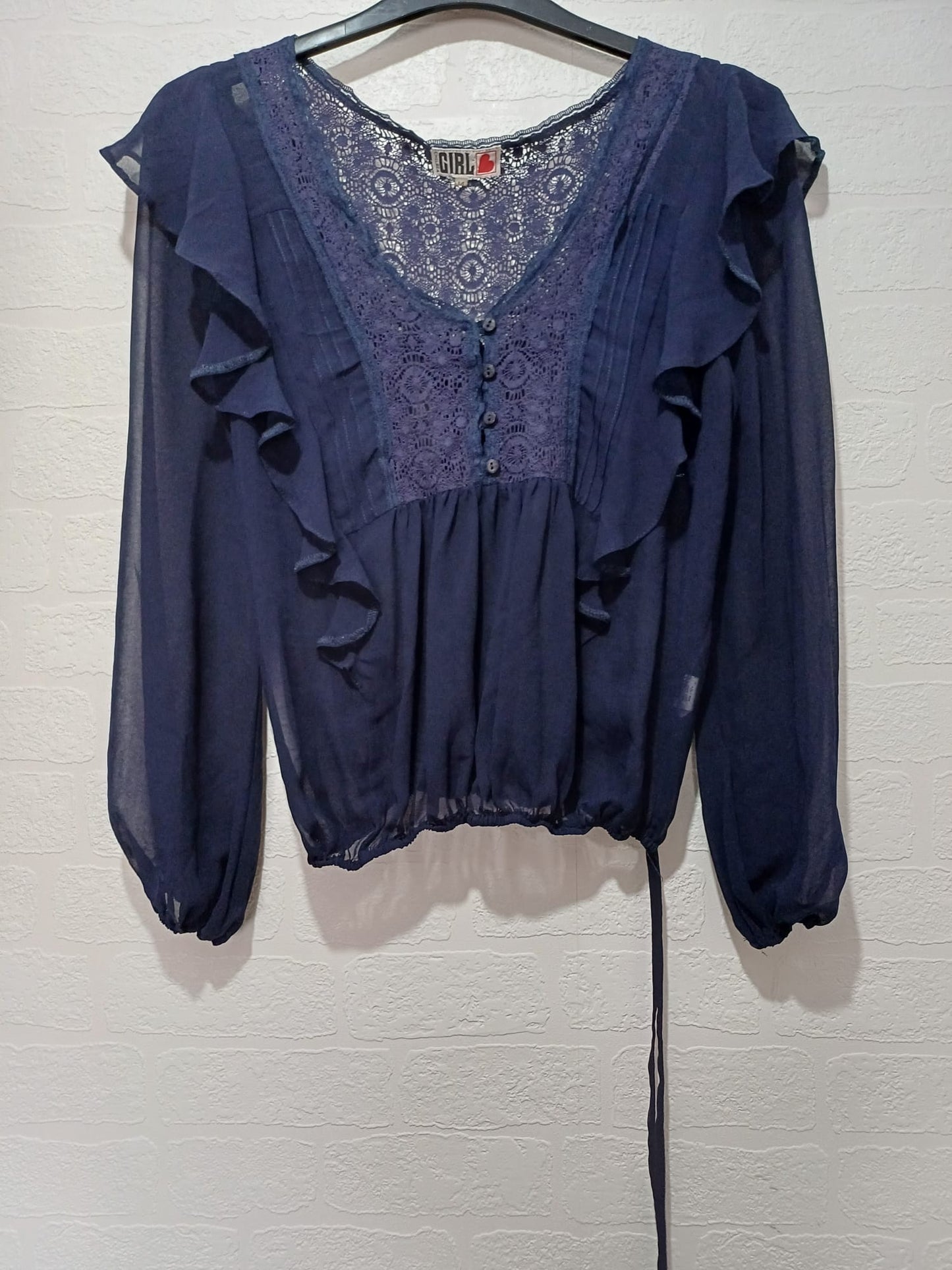 Women's Blouse Chelsea Girl Navy Blue Lace Ruffle Boho Long Sleeve Button Front Size 14 Approx. 20" PTP - Very Good Condition