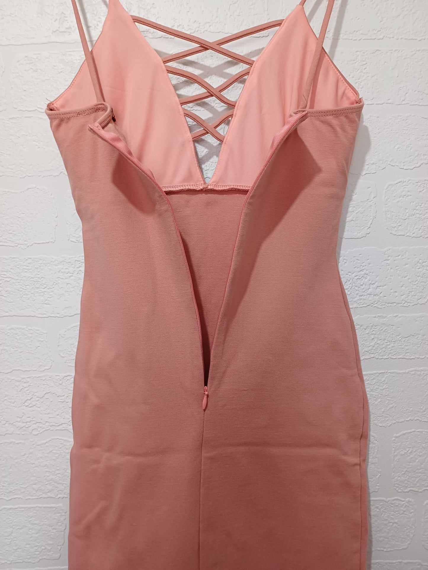 Women's Midi Dress Love Culture Blush Pink Bodycon V Neck Strappy Crossover Front Size S Approx. 13" PTP - Good Condition