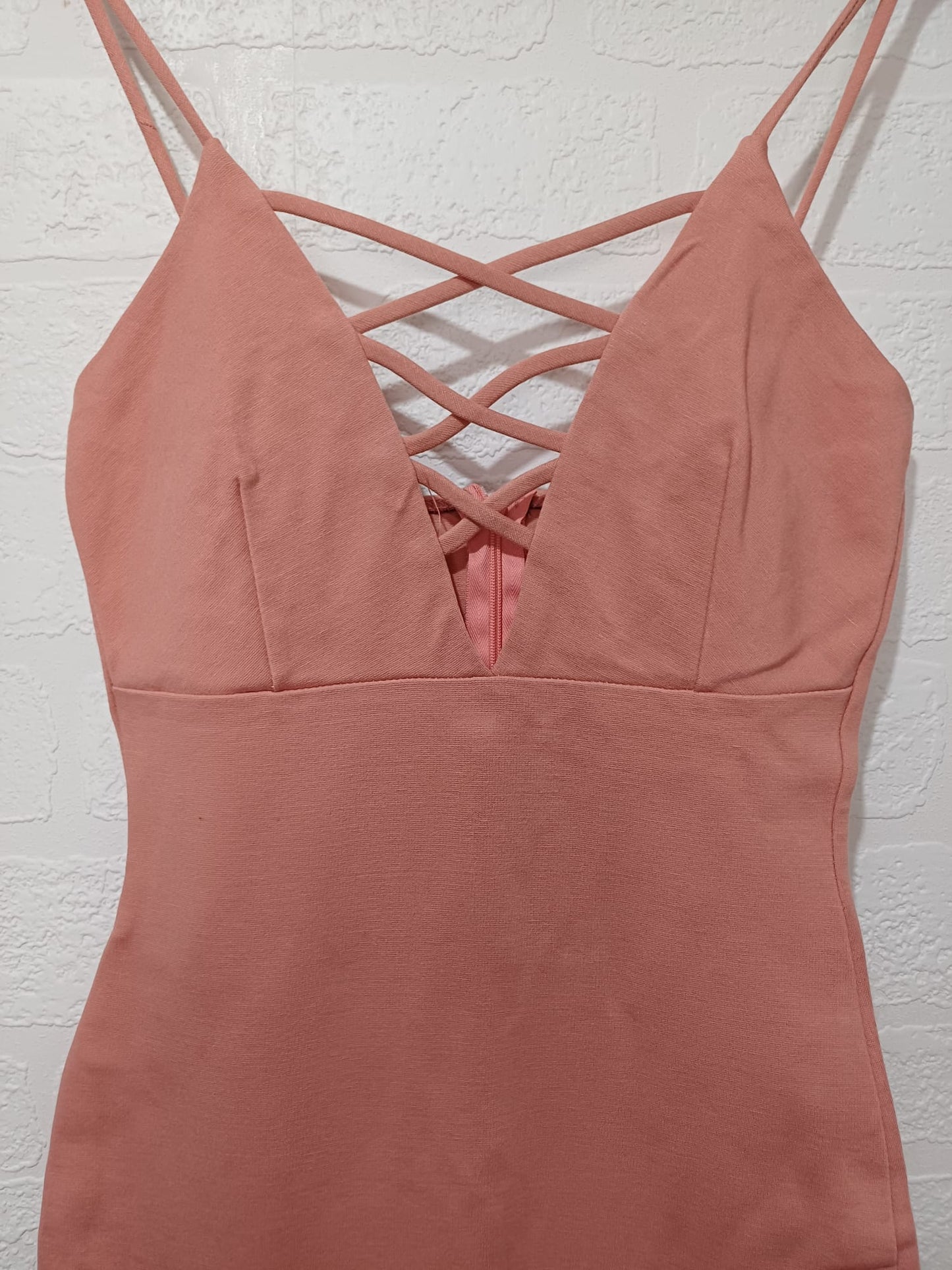Women's Midi Dress Love Culture Blush Pink Bodycon V Neck Strappy Crossover Front Size S Approx. 13" PTP - Good Condition