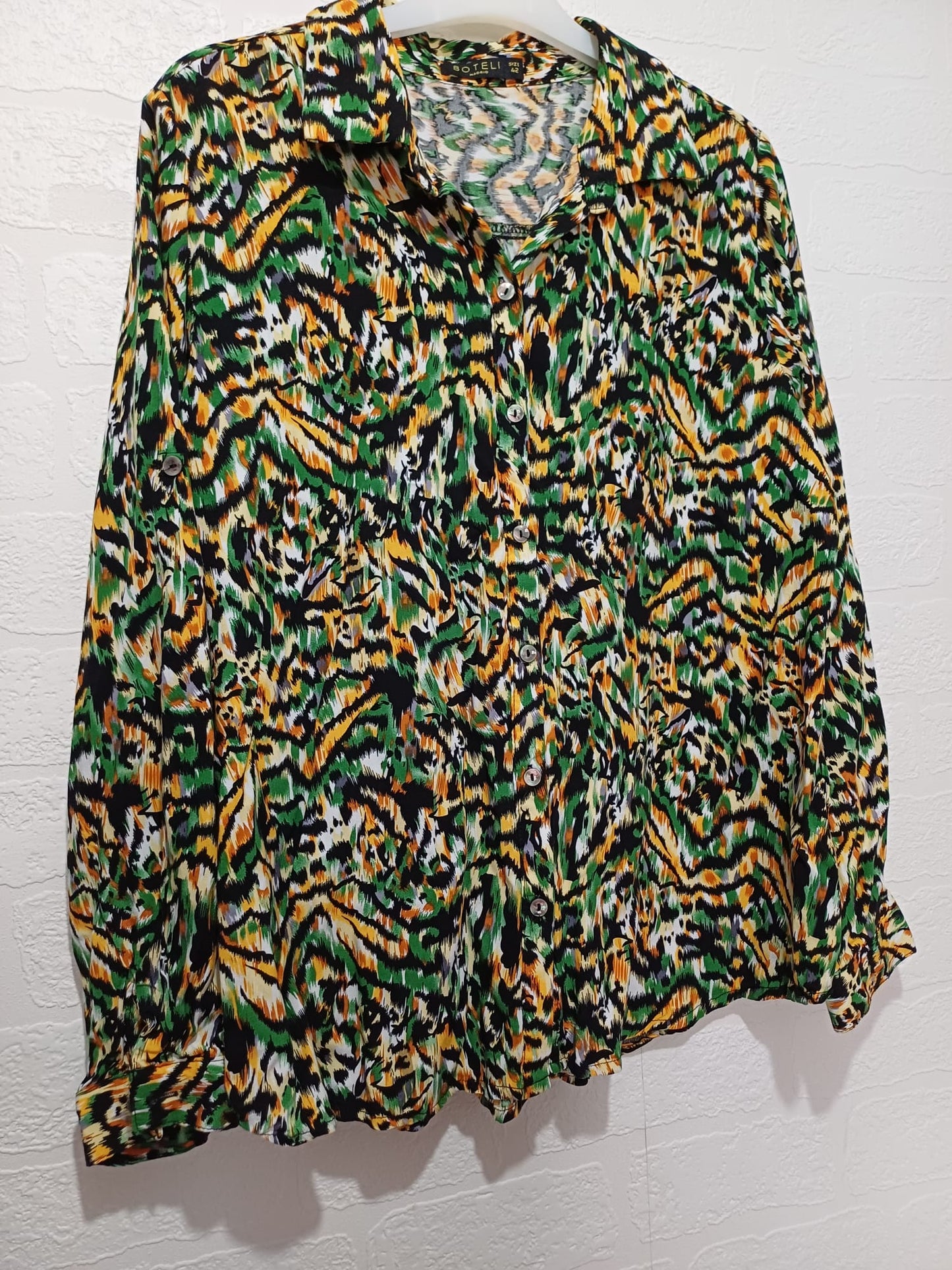 Women's Blouse New Look Black Pink Orange Floral Frill High Neck Sheer Long Sleeve Size 14 Approx. 21" PTP - Very Good Condition