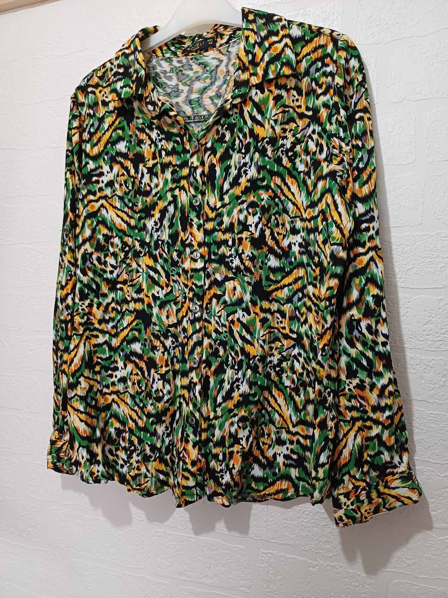 Women's Blouse New Look Black Pink Orange Floral Frill High Neck Sheer Long Sleeve Size 14 Approx. 21" PTP - Very Good Condition