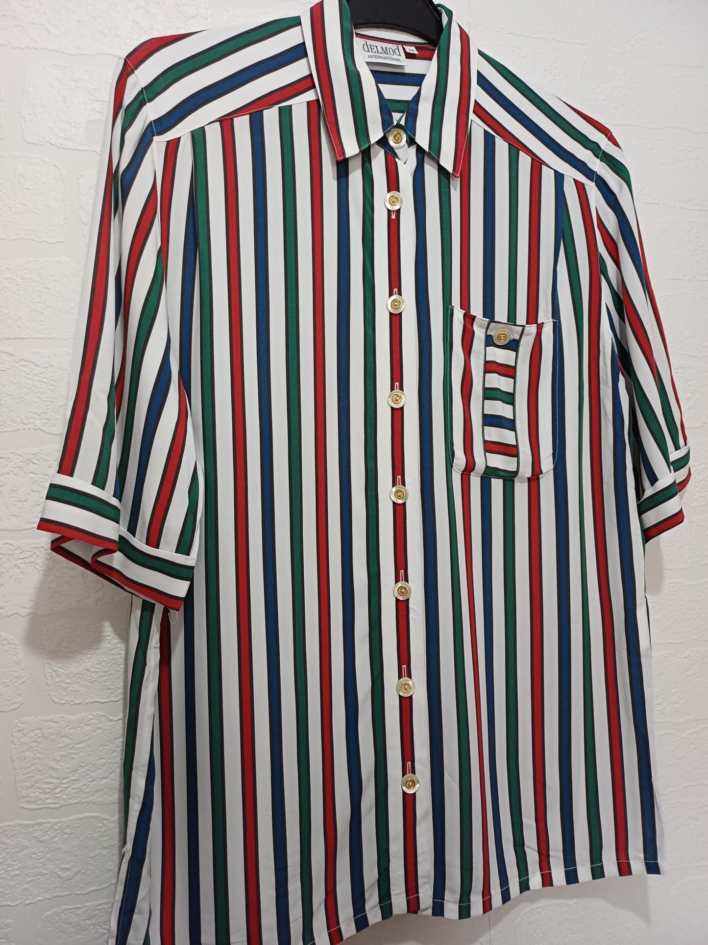 Women's Striped Blouse Shirt White Blue Red Green UK 12 / EU 38 Short Sleeve Delmod International - Like New Condition