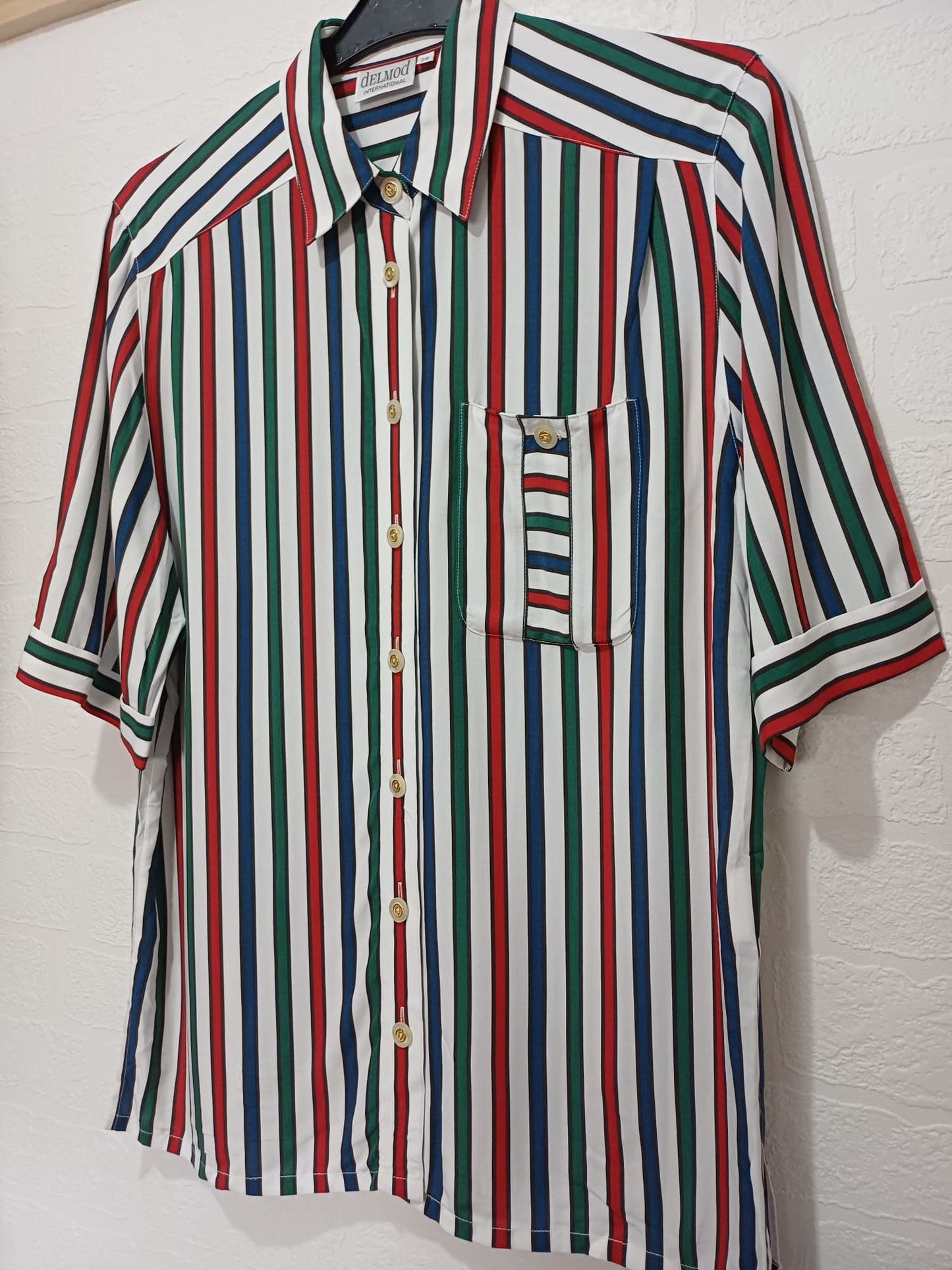 Women's Striped Blouse Shirt White Blue Red Green UK 12 / EU 38 Short Sleeve Delmod International - Like New Condition