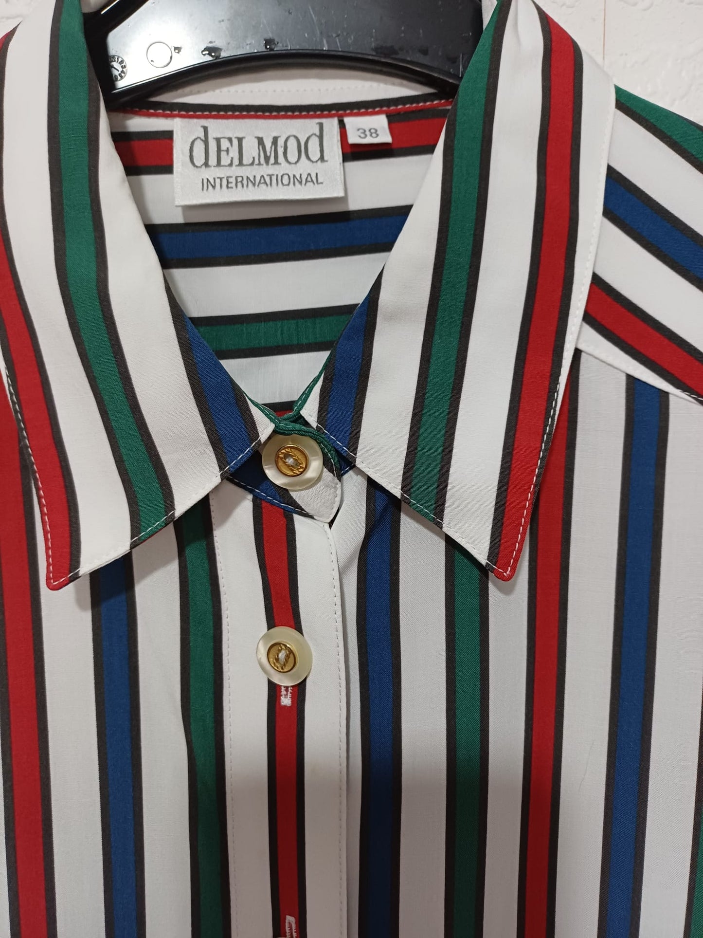 Women's Striped Blouse Shirt White Blue Red Green UK 12 / EU 38 Short Sleeve Delmod International - Like New Condition