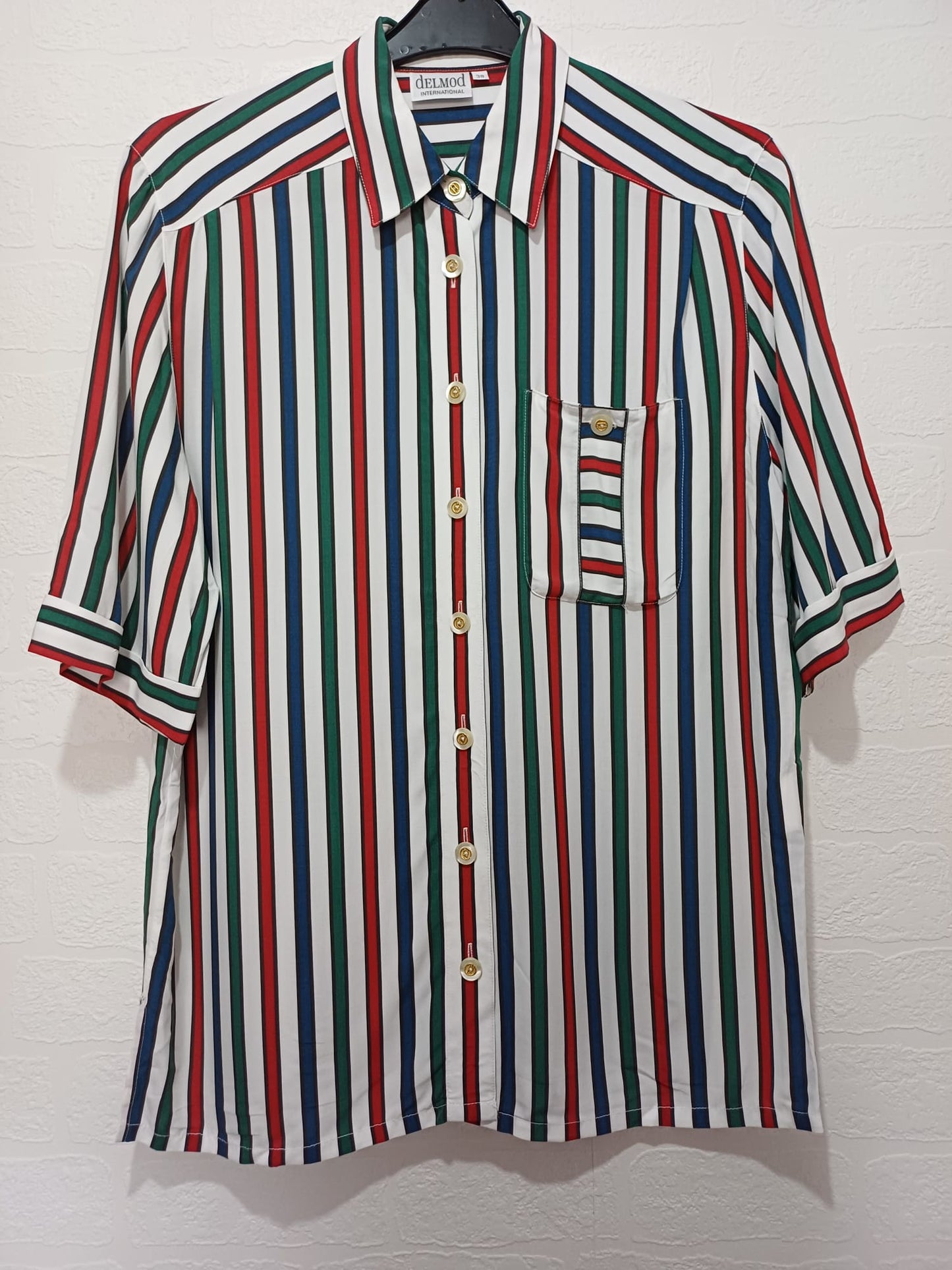 Women's Striped Blouse Shirt White Blue Red Green UK 12 / EU 38 Short Sleeve Delmod International - Like New Condition