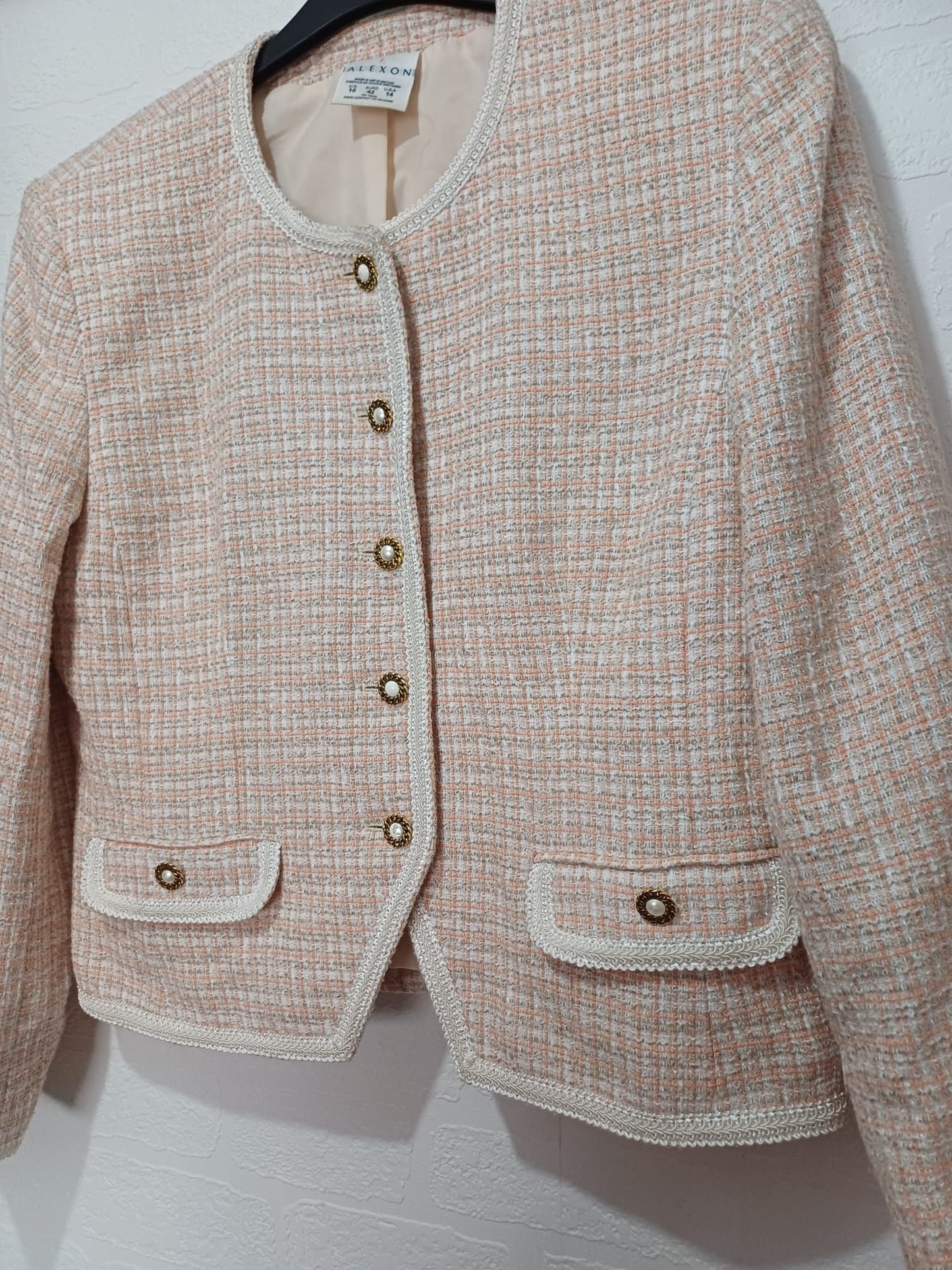 Women's Boucle Tweed Jacket Peach Cream UK 16 Alexon - Very Good Condition