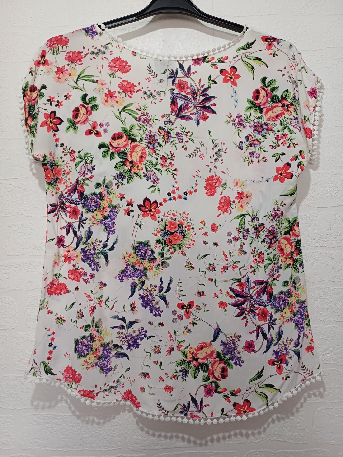 Women's Blouse White Multi Colour UK 8 Short Sleeve Pom Pom Trim Izabel London - Very Good Condition