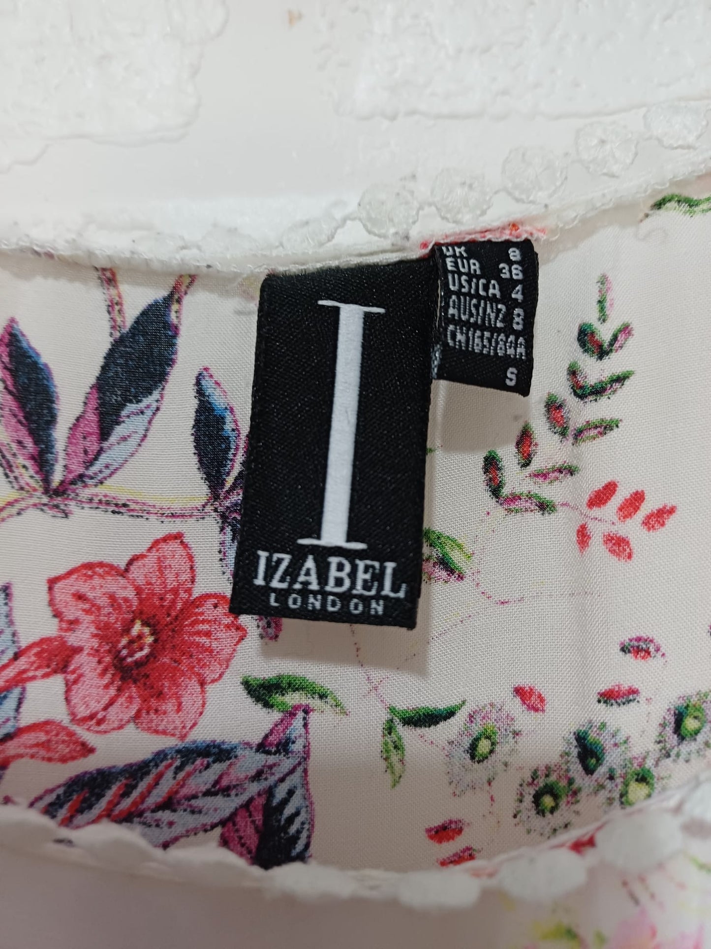 Women's Blouse White Multi Colour UK 8 Short Sleeve Pom Pom Trim Izabel London - Very Good Condition