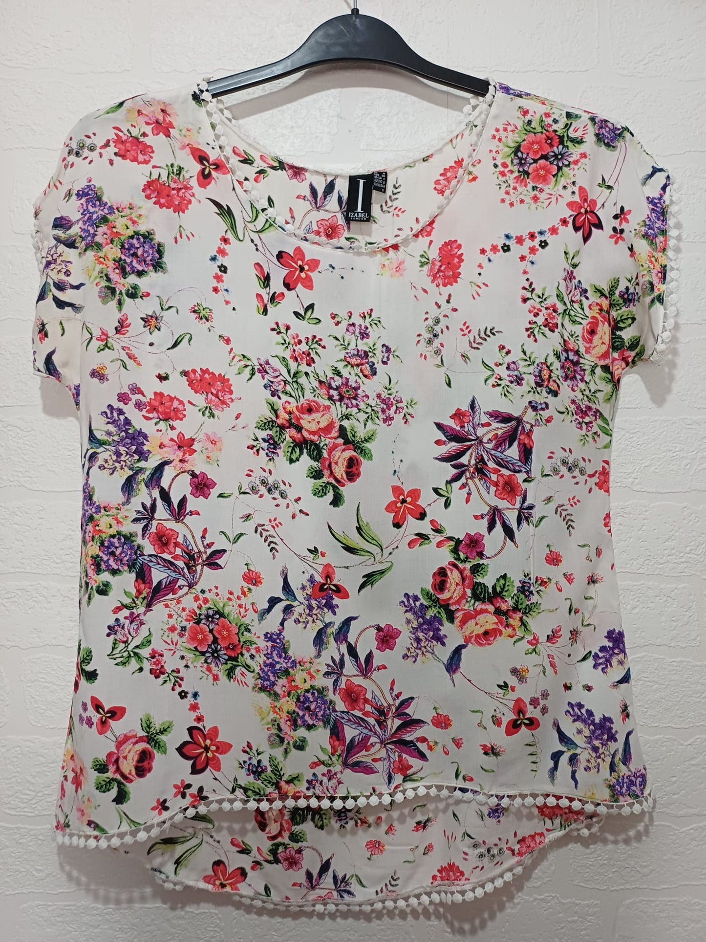 Women's Blouse White Multi Colour UK 8 Short Sleeve Pom Pom Trim Izabel London - Very Good Condition