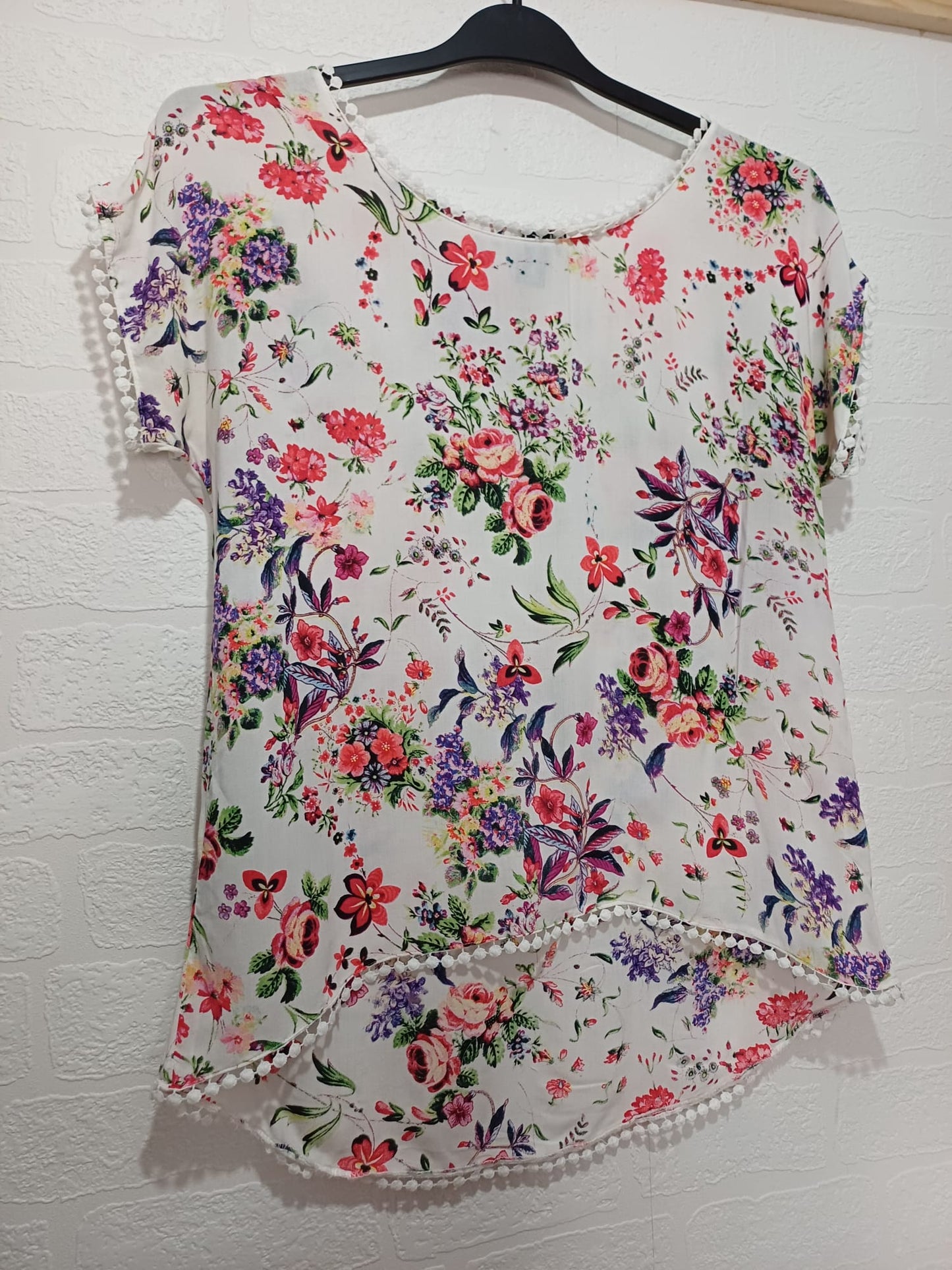 Women's Blouse White Multi Colour UK 8 Short Sleeve Pom Pom Trim Izabel London - Very Good Condition