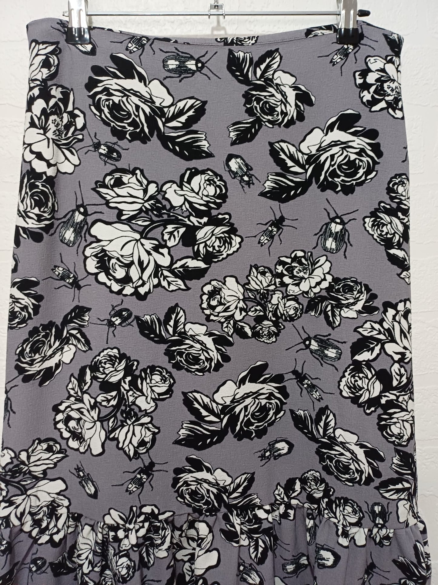 Women's Floral Midi Skirt Grey Ruffle Hem UK 10 ASOS Africa - Very Good Condition