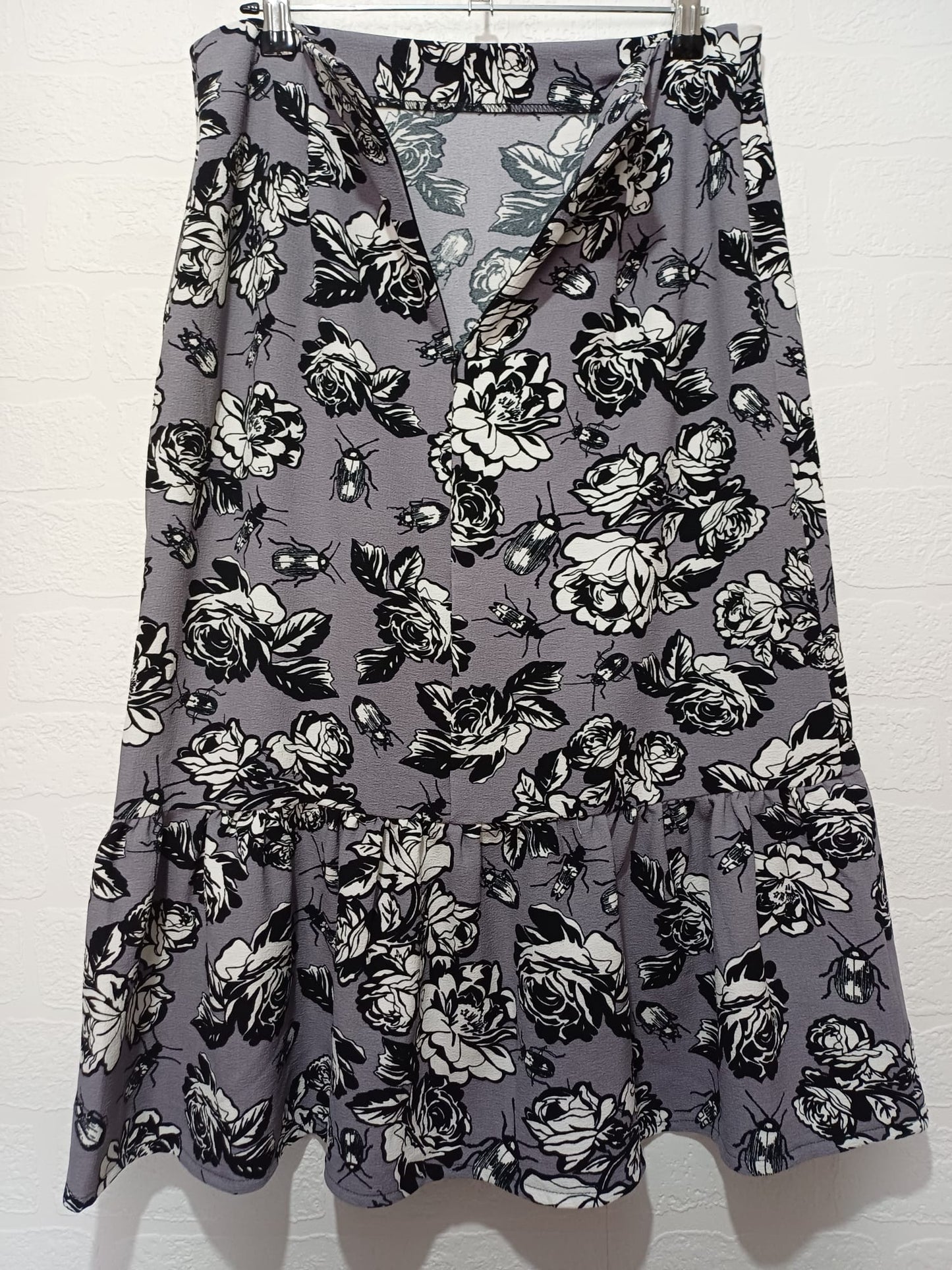 Women's Floral Midi Skirt Grey Ruffle Hem UK 10 ASOS Africa - Very Good Condition