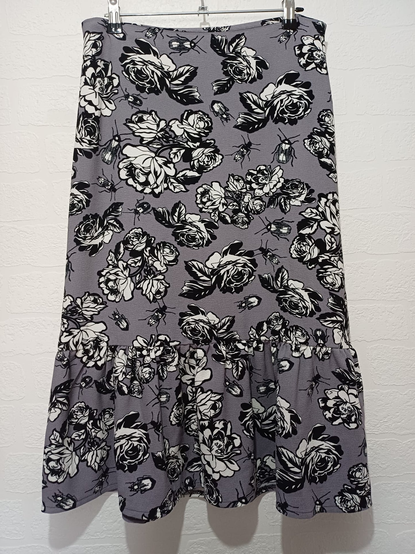 Women's Floral Midi Skirt Grey Ruffle Hem UK 10 ASOS Africa - Very Good Condition