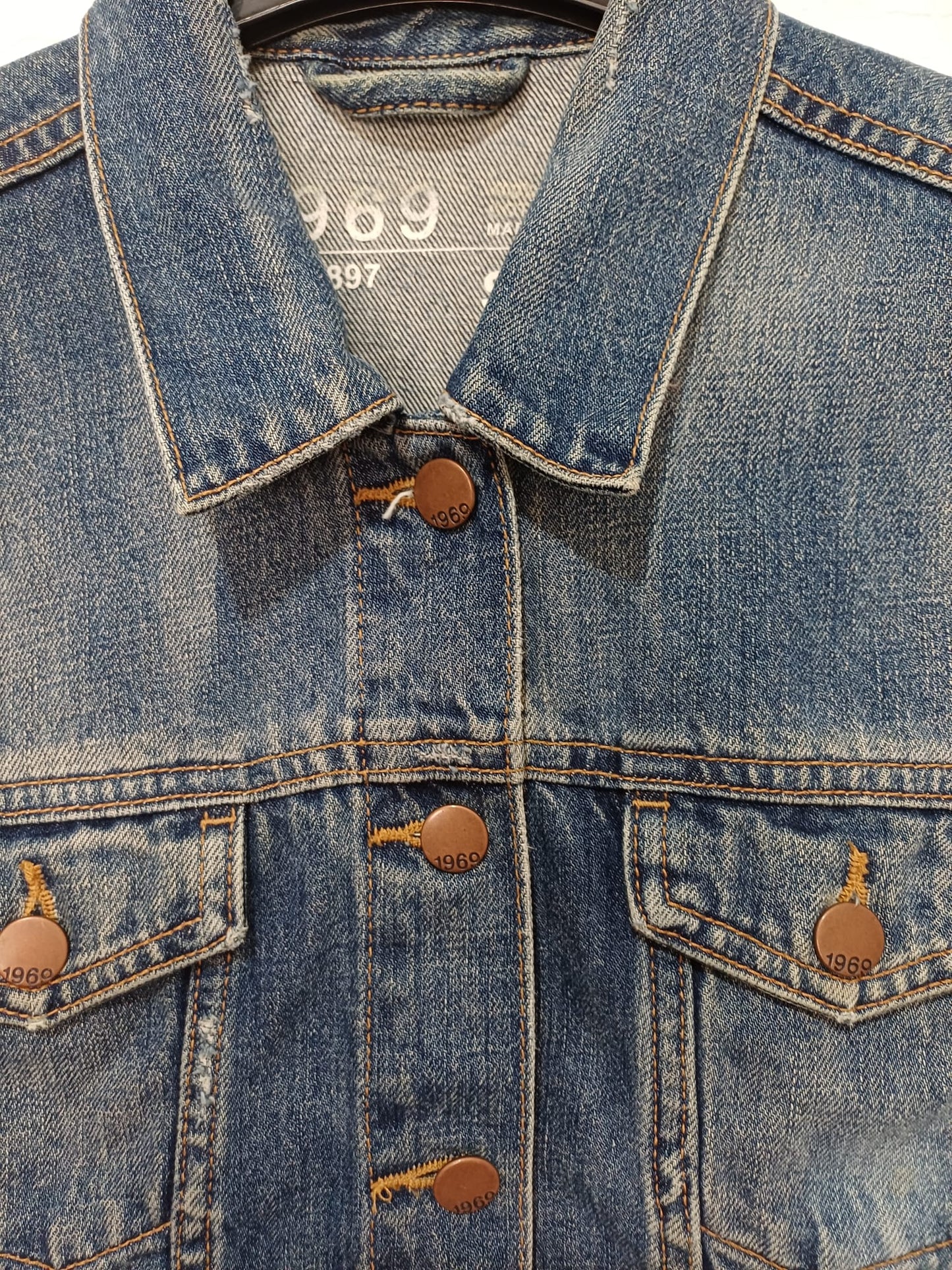 Women's Denim Jacket Blue Faded Wash Distressed Button Front Gap 1969 Size S - Good Condition