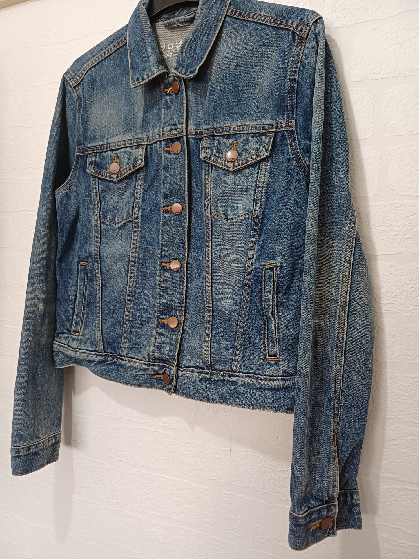 Women's Denim Jacket Blue Faded Wash Distressed Button Front Gap 1969 Size S - Good Condition