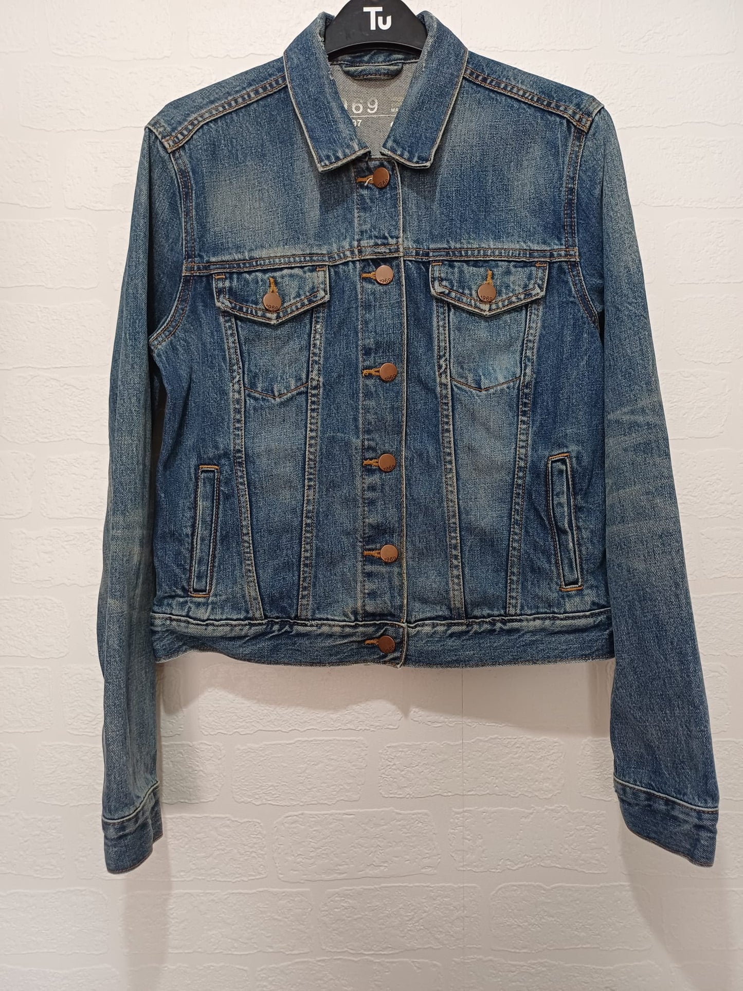 Women's Denim Jacket Blue Faded Wash Distressed Button Front Gap 1969 Size S - Good Condition