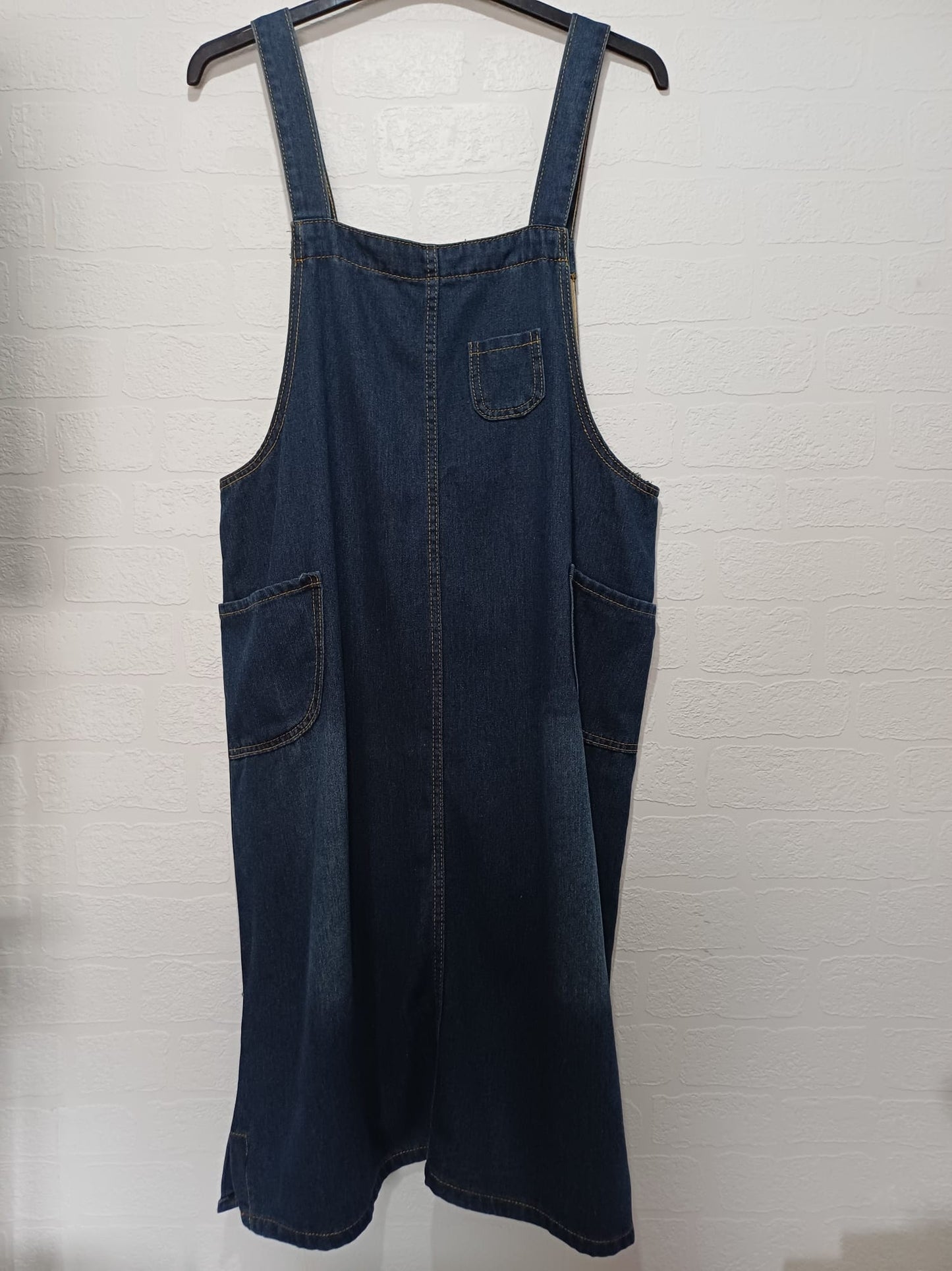 Women's Pinafore Midi Dress Blue Denim Shoulder Straps XXL Approx. 22" PTP - Very Good Condition