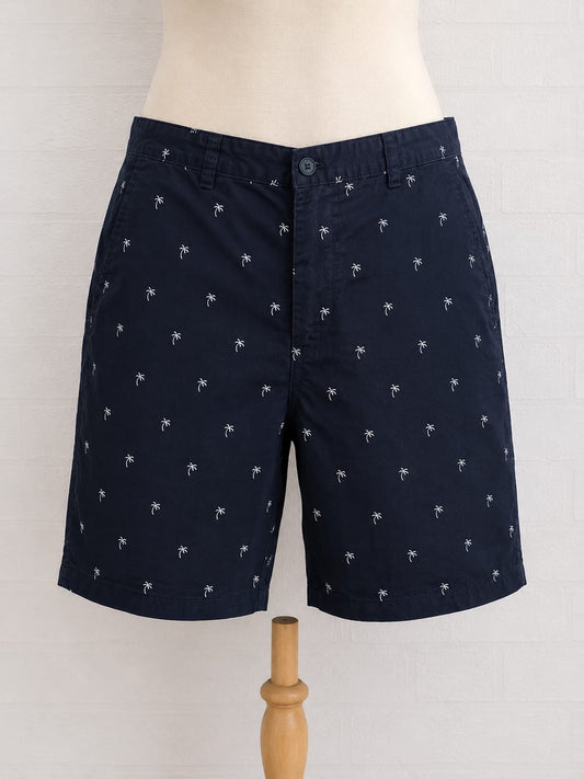 Men's Chino Shorts H&M Navy Blue Palm Tree Print Slim Fit Size 34W Approx. 20.5" Inside Leg - Very Good Condition