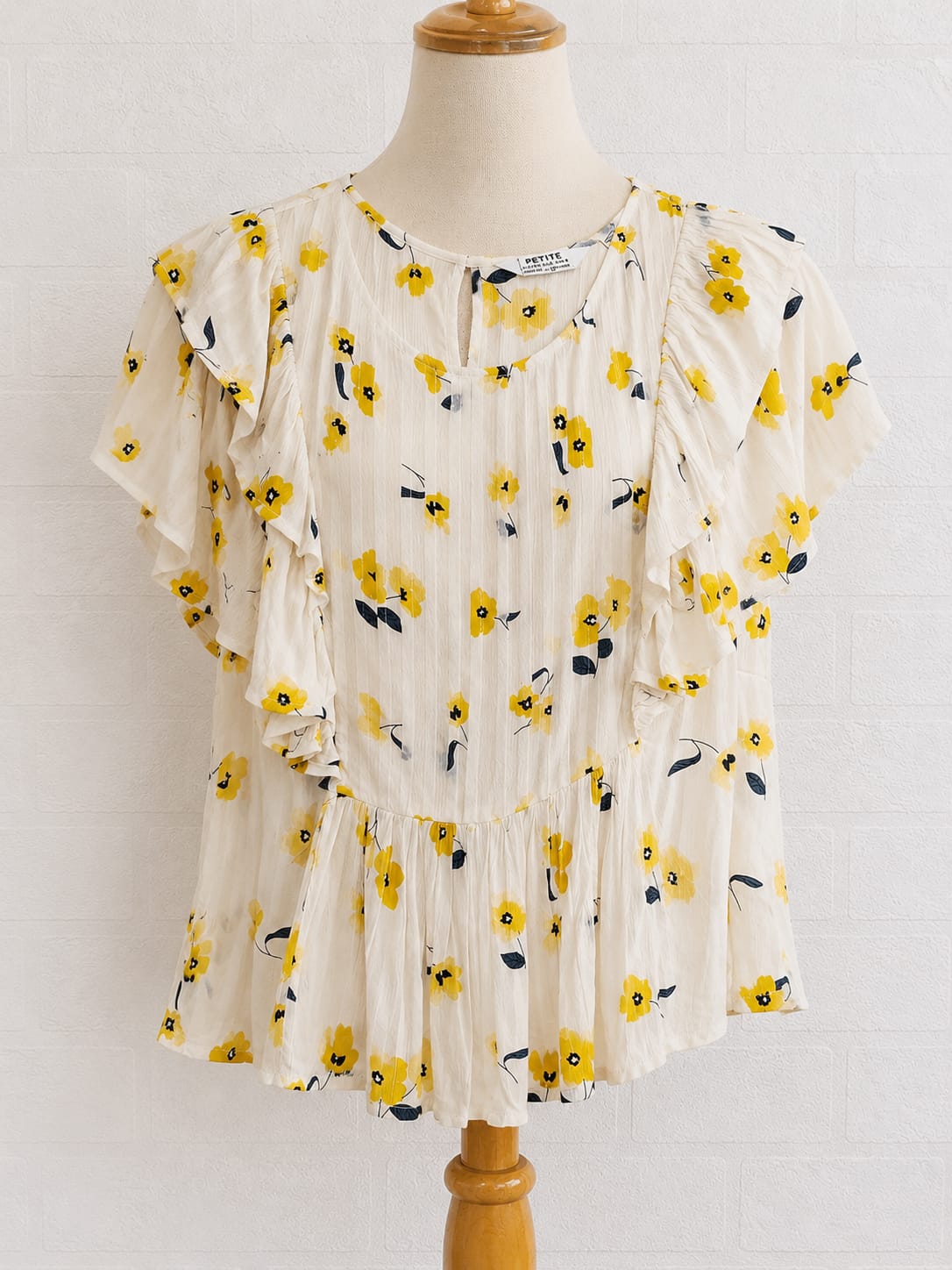 Women's Blouse Dorothy Perkins Petite White Yellow Floral Frill Sleeve Peplum Hem Size 14 Approx. 22" PTP Approx. 22" Length - BNWT