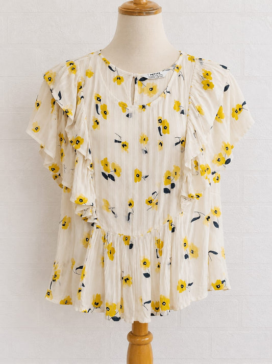 Women's Blouse Dorothy Perkins Petite White Yellow Floral Frill Sleeve Peplum Hem Size 14 Approx. 22" PTP Approx. 22" Length - BNWT