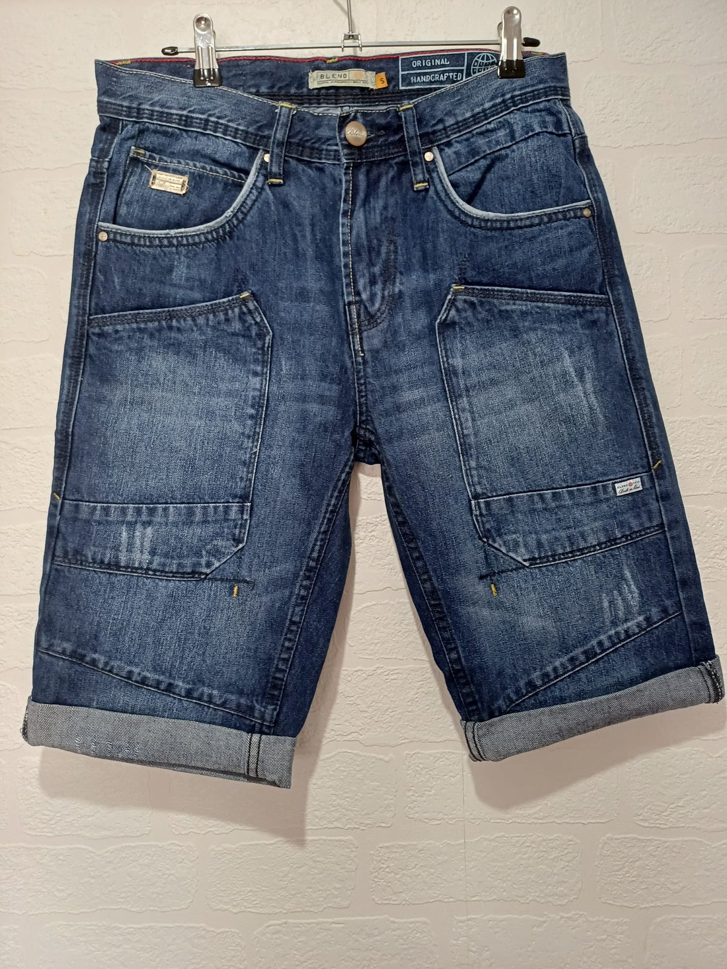 Men's Denim Cargo Shorts Blend Dark Blue Rolled Hem W30 - Very Good Condition