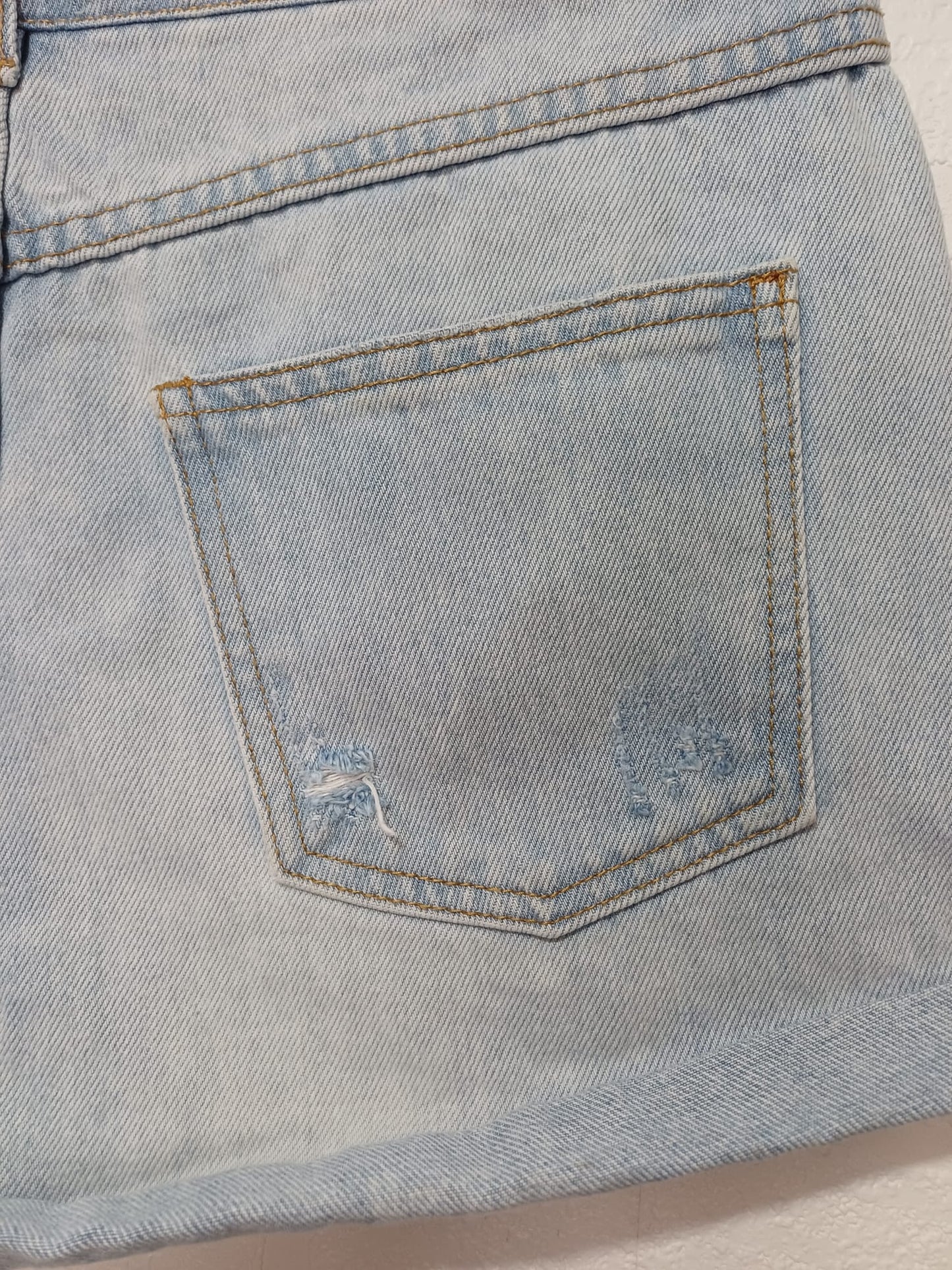 Women's Denim Shorts Forever 21 Light Blue Distressed Ripped Rolled Hem Size 8-10 - Good Condition