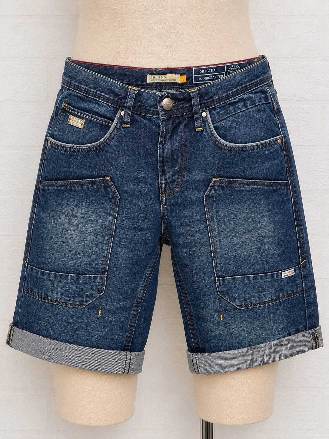 Men's Denim Cargo Shorts Blend Dark Blue Rolled Hem W30 - Very Good Condition