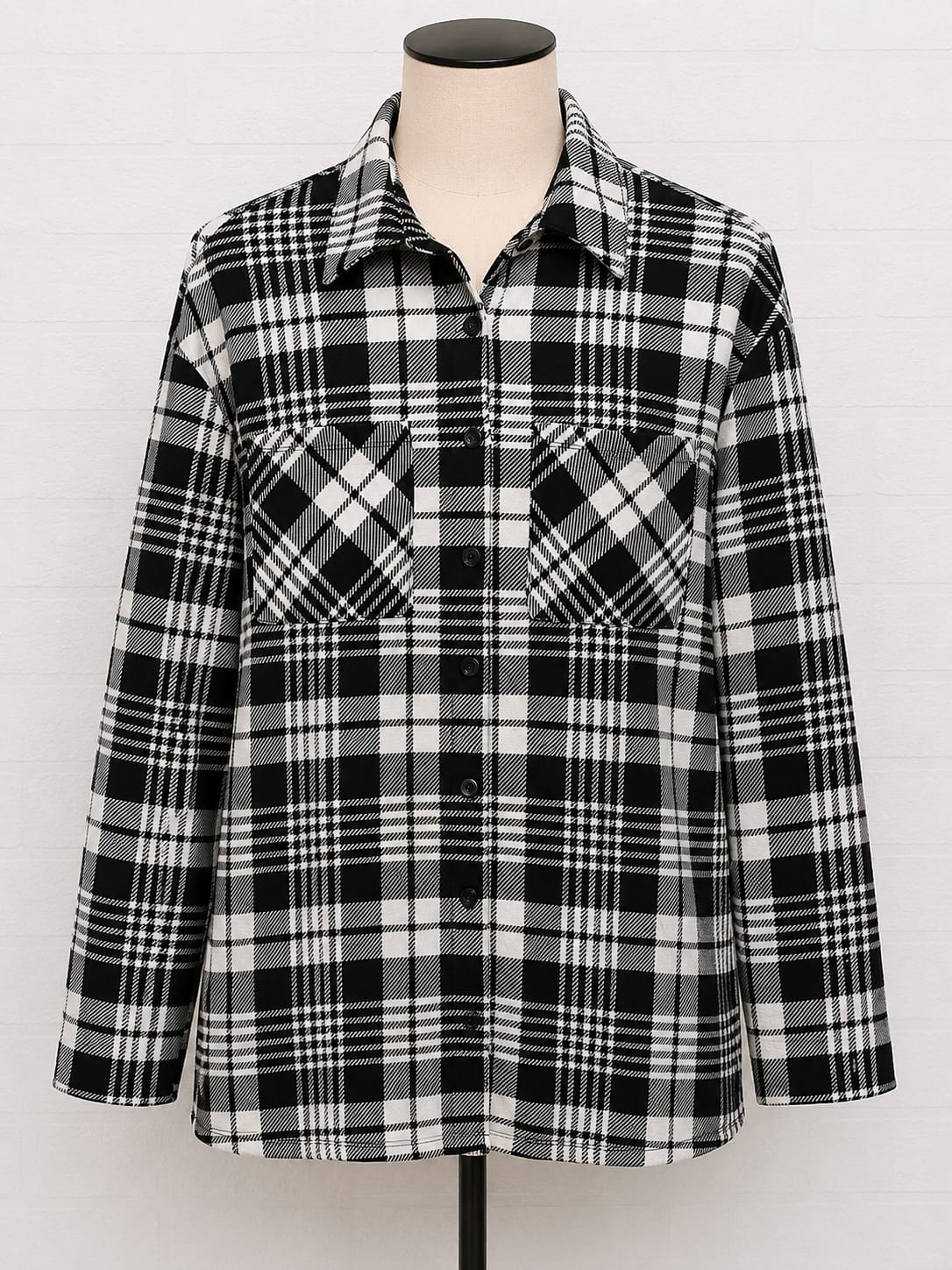 Women's Shirt Jacket SHEIN Black & White Check Over Shirt Shacket Button Front Size XL Approx. 23" PTP - Very Good Condition