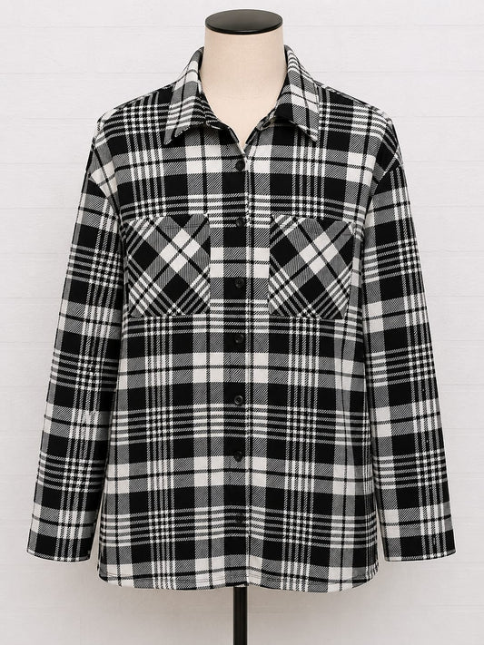 Women's Shirt Jacket SHEIN Black & White Check Over Shirt Shacket Button Front Size XL Approx. 23" PTP - Very Good Condition