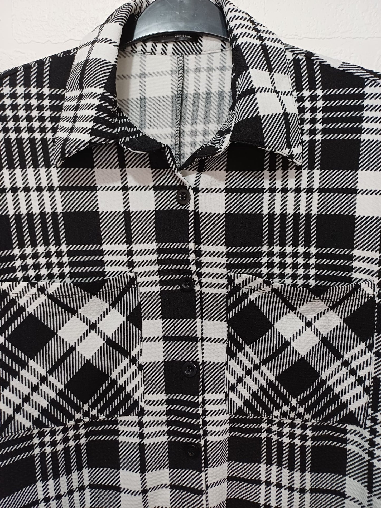 Women's Shirt Jacket SHEIN Black & White Check Over Shirt Shacket Button Front Size XL Approx. 23" PTP - Very Good Condition
