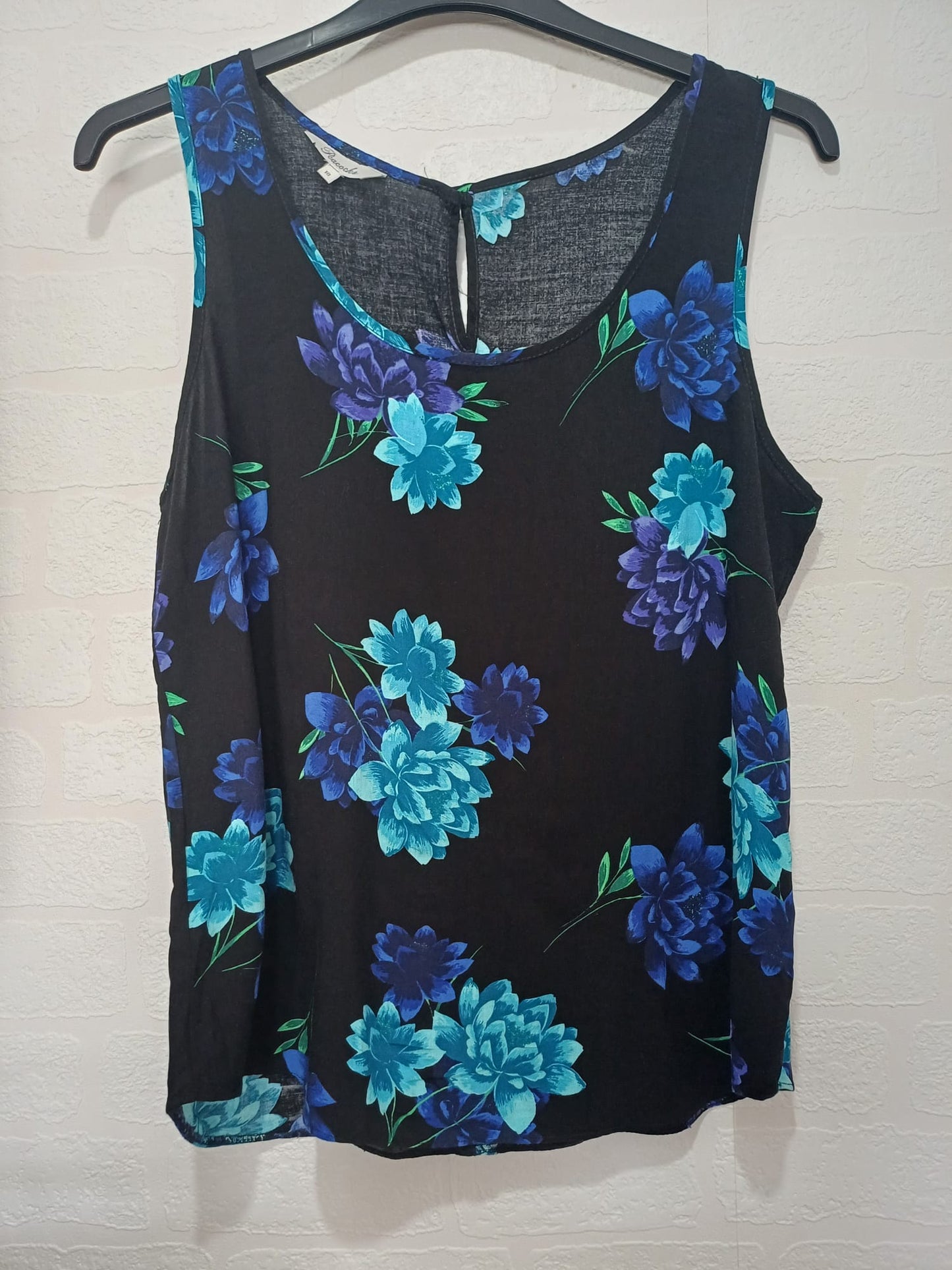 Women's Top Peacocks Black Turquoise Purple Floral Print Sleeveless Scoop Neck Size 18 Approx. 20" PTP - Very Good Condition