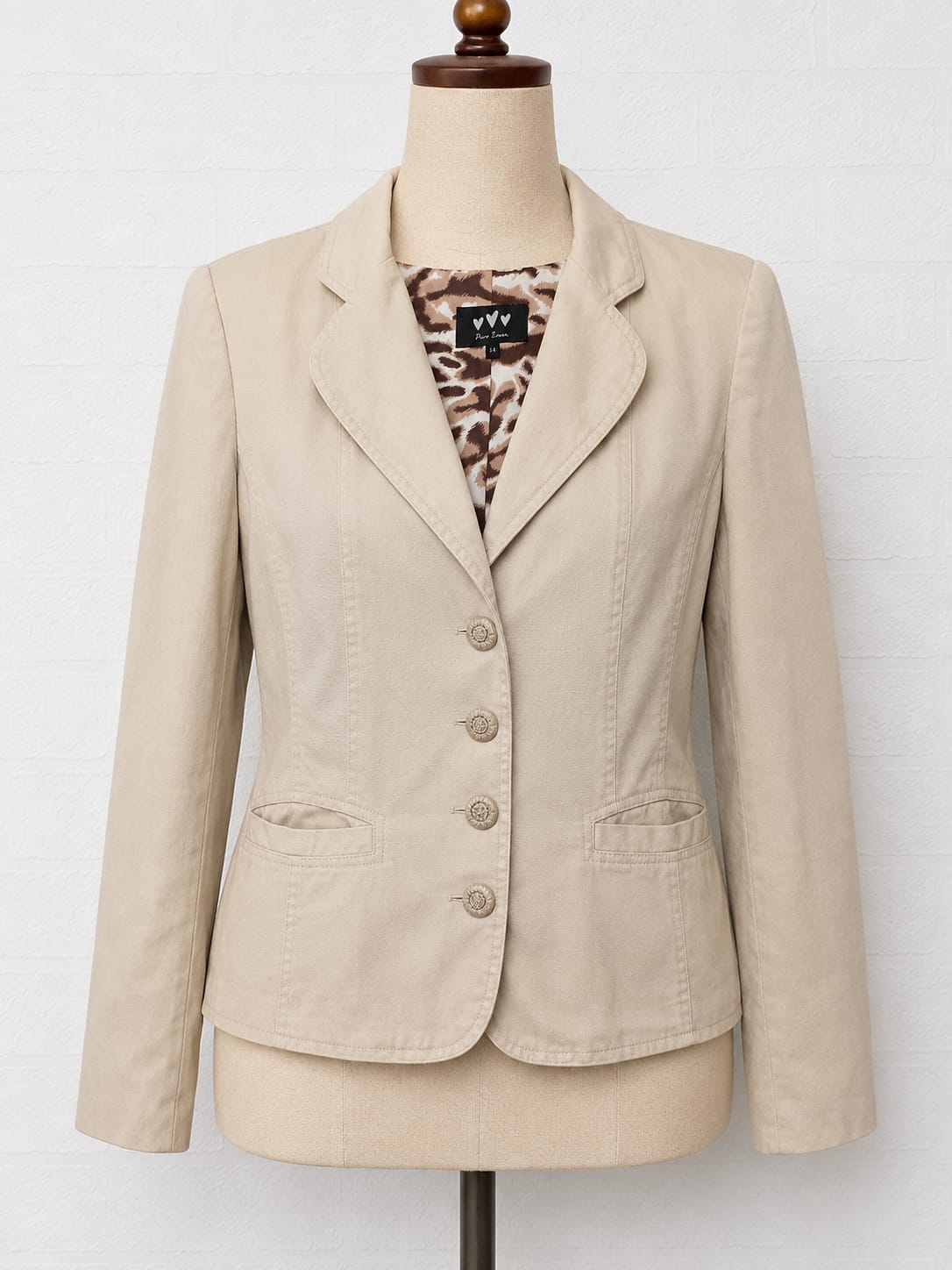 Women's Blazer Pure Linen Beige Collared Four Button Front Animal Print Lining Size 14 Approx. 20" PTP - Very Good Condition