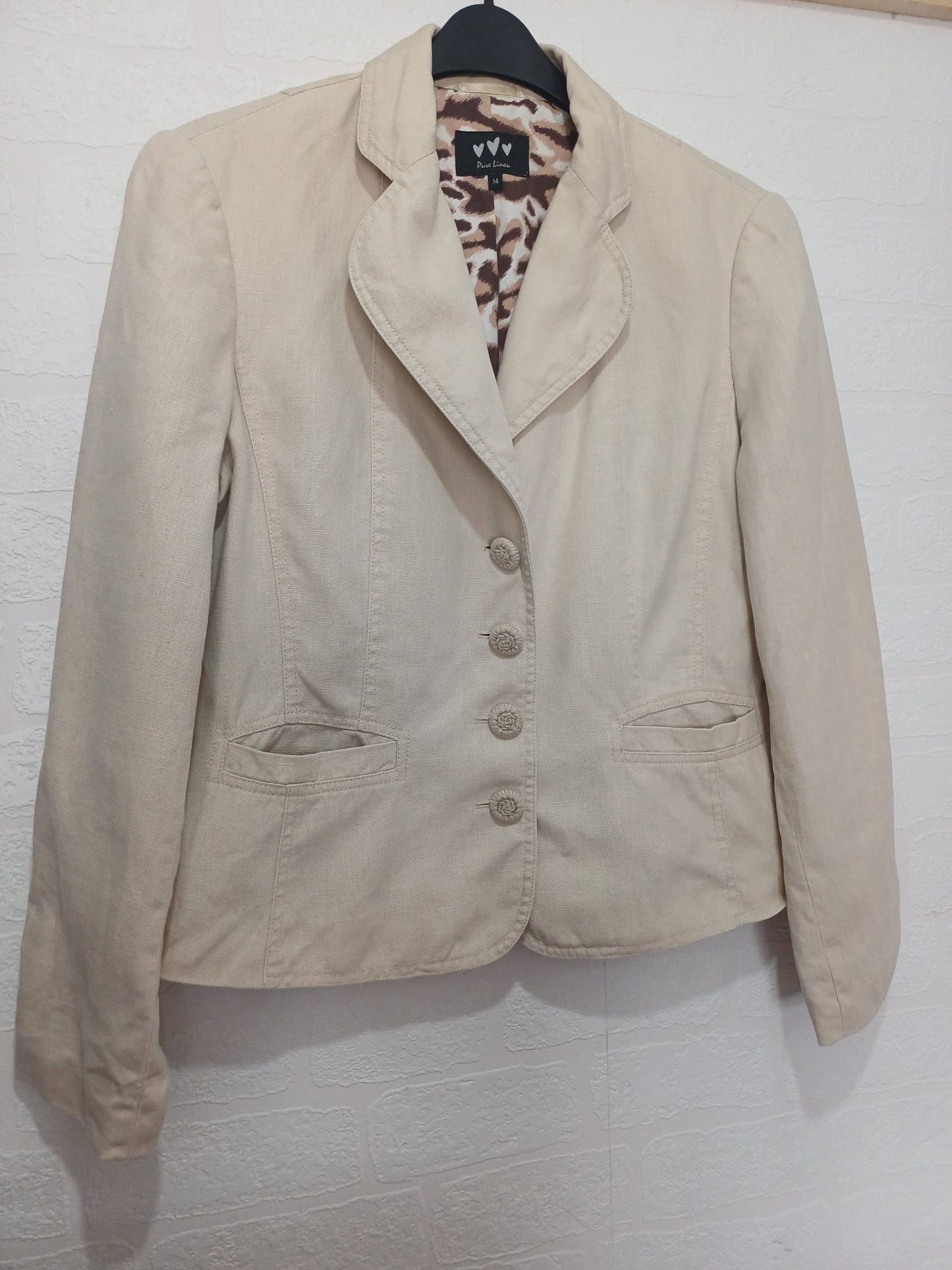 Women's Blazer Pure Linen Beige Collared Four Button Front Animal Print Lining Size 14 Approx. 20" PTP - Very Good Condition