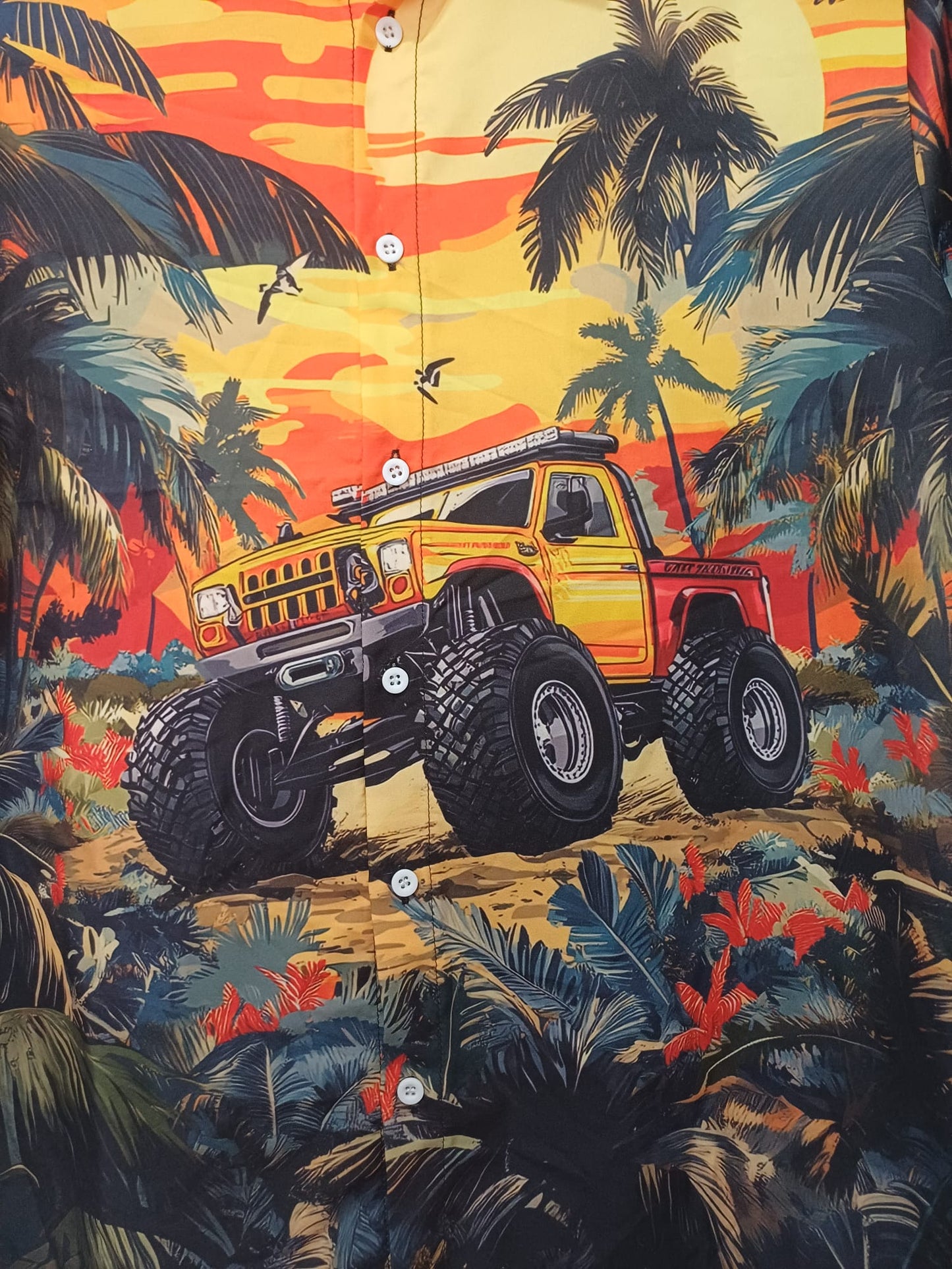 Men's Shirt Tropical Off Road Truck Hawaiian Print Medium Approx. 22" PTP - Very Good Condition