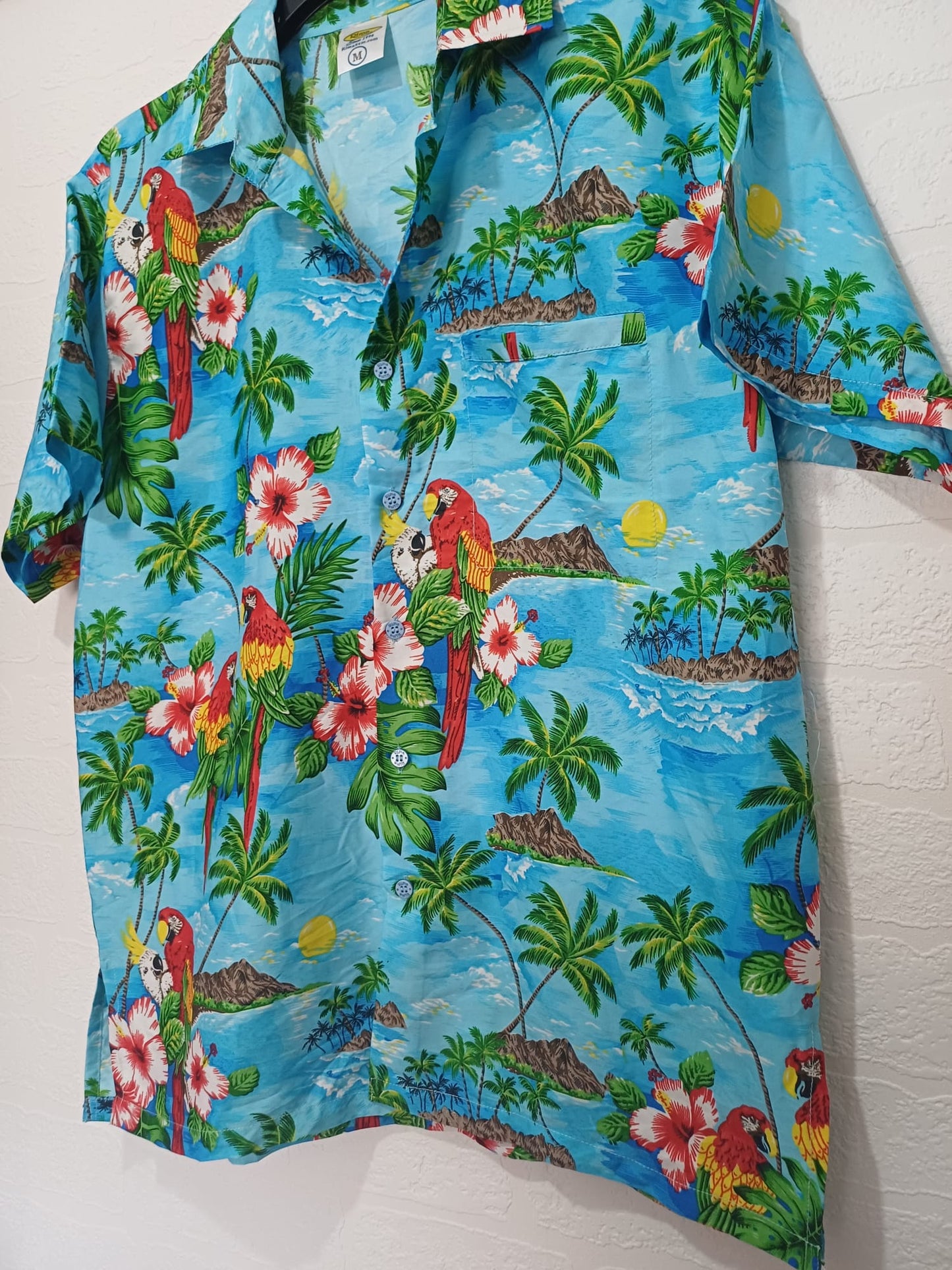 Men's Shirt Rima Floral Parrots Palm Trees Island Print Medium Approx. 22" PTP - Very Good Condition