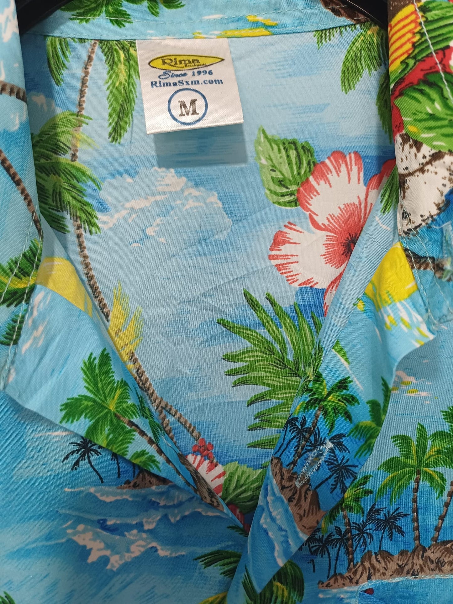 Men's Shirt Rima Floral Parrots Palm Trees Island Print Medium Approx. 22" PTP - Very Good Condition