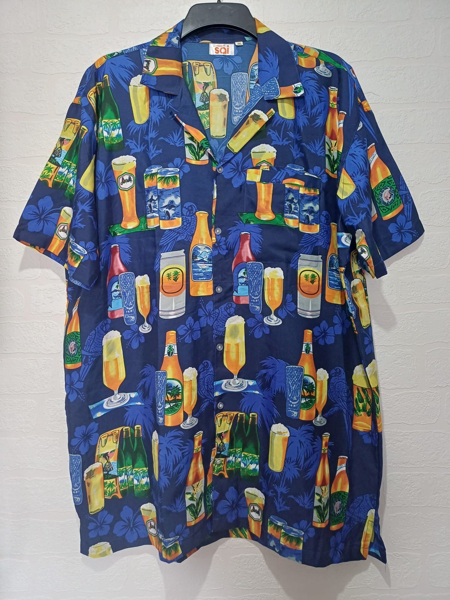 Men's Shirt SOI Navy Blue Tropical Beer Drinks Print XXL Approx. 26" PTP - Very Good Condition