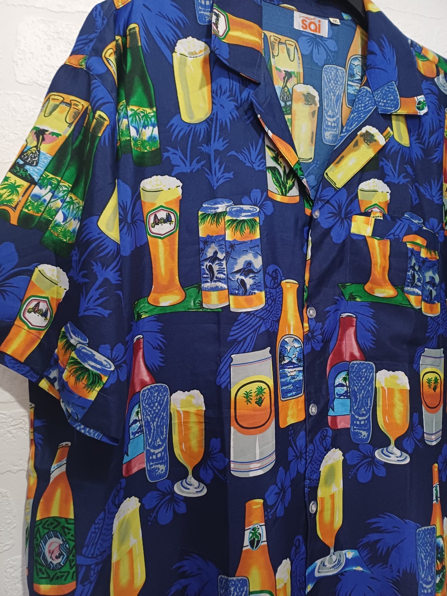 Men's Shirt SOI Navy Blue Tropical Beer Drinks Print XXL Approx. 26" PTP - Very Good Condition