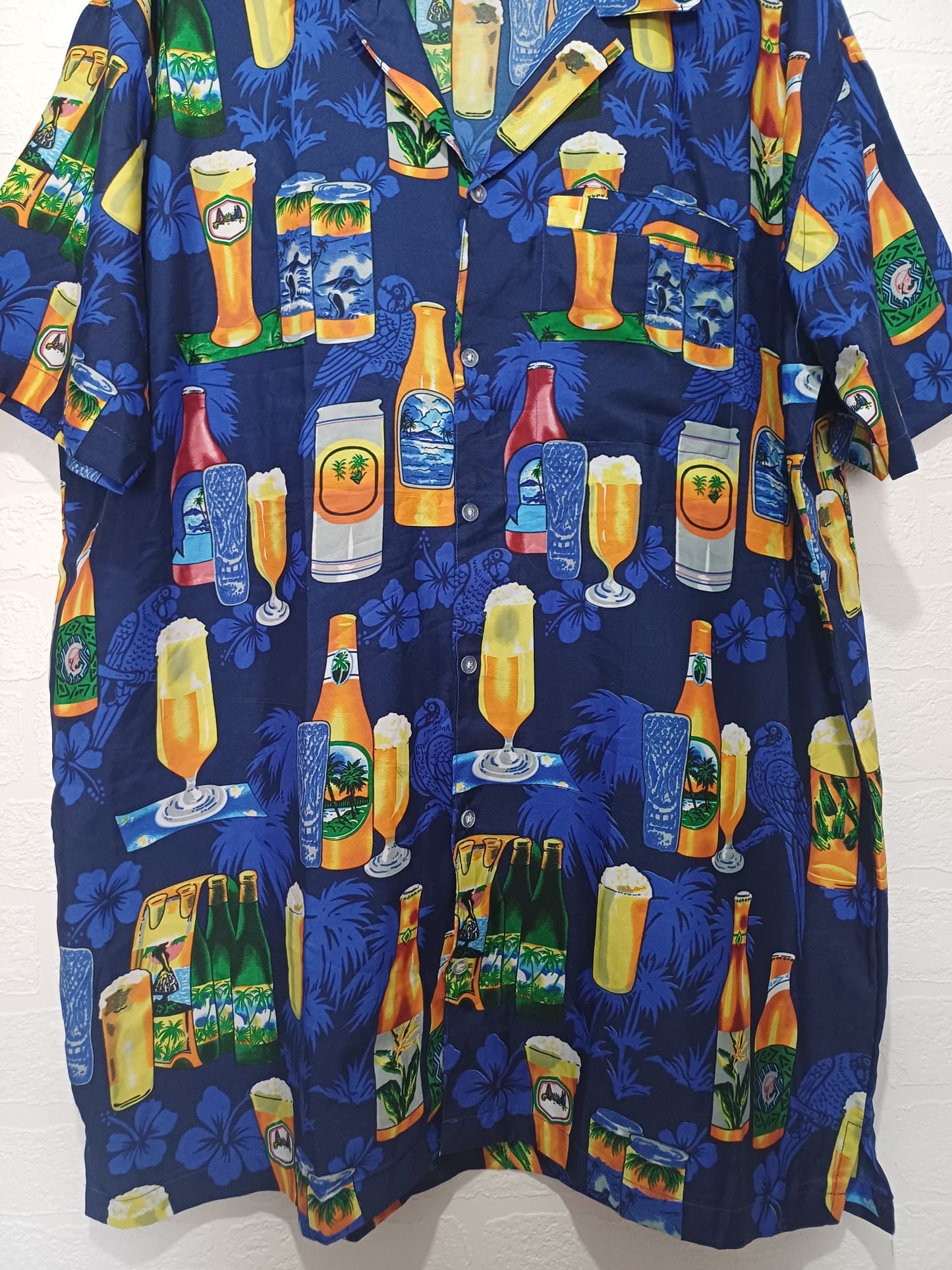 Men's Shirt SOI Navy Blue Tropical Beer Drinks Print XXL Approx. 26" PTP - Very Good Condition