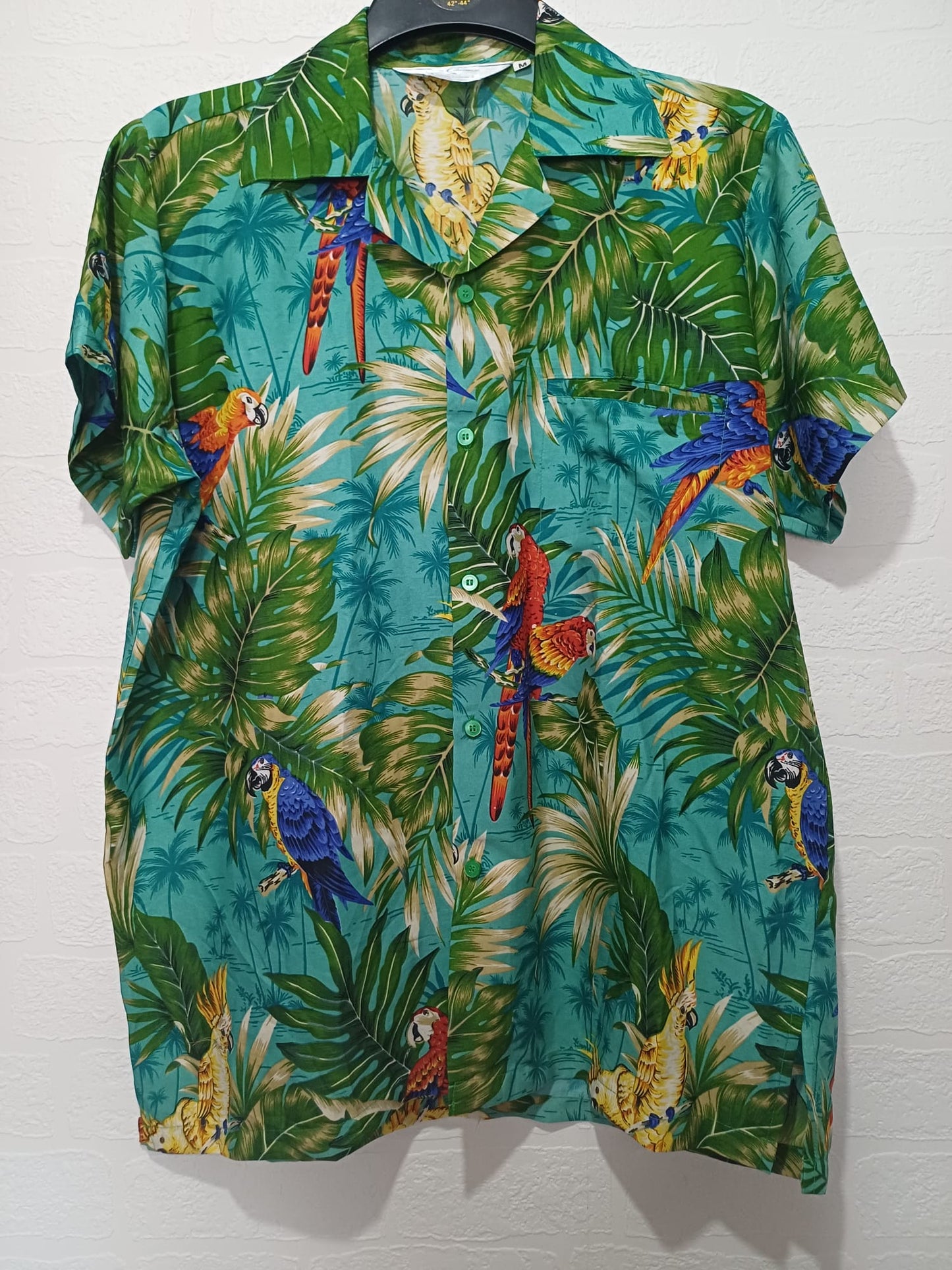 Men's Shirt Cubana Parrot Exotic Foliage Palm Leaf Print Medium Approx. 23" PTP - Very Good Condition