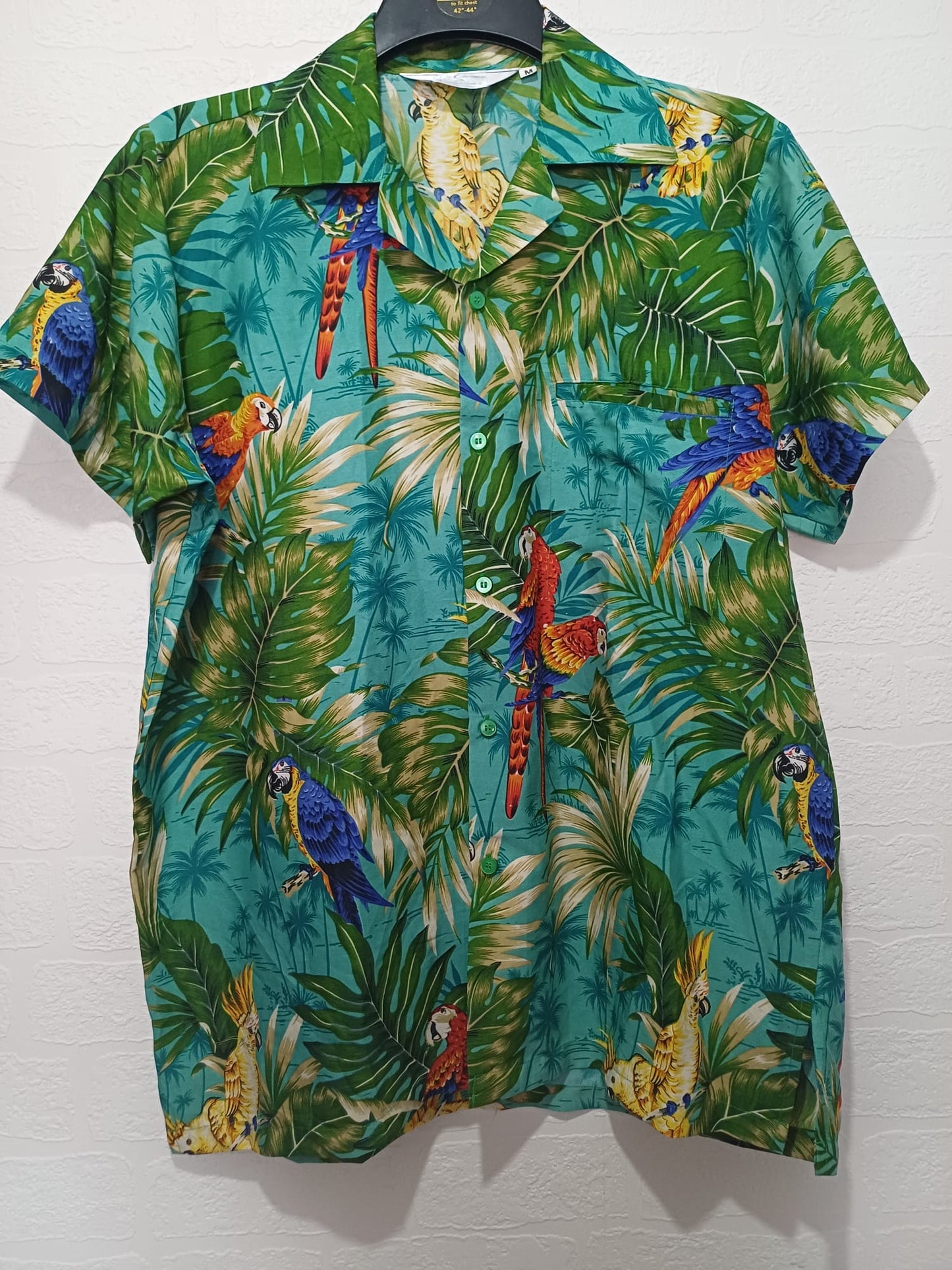Men's Shirt Cubana Parrot Exotic Foliage Palm Leaf Print Medium Approx. 23" PTP - Very Good Condition