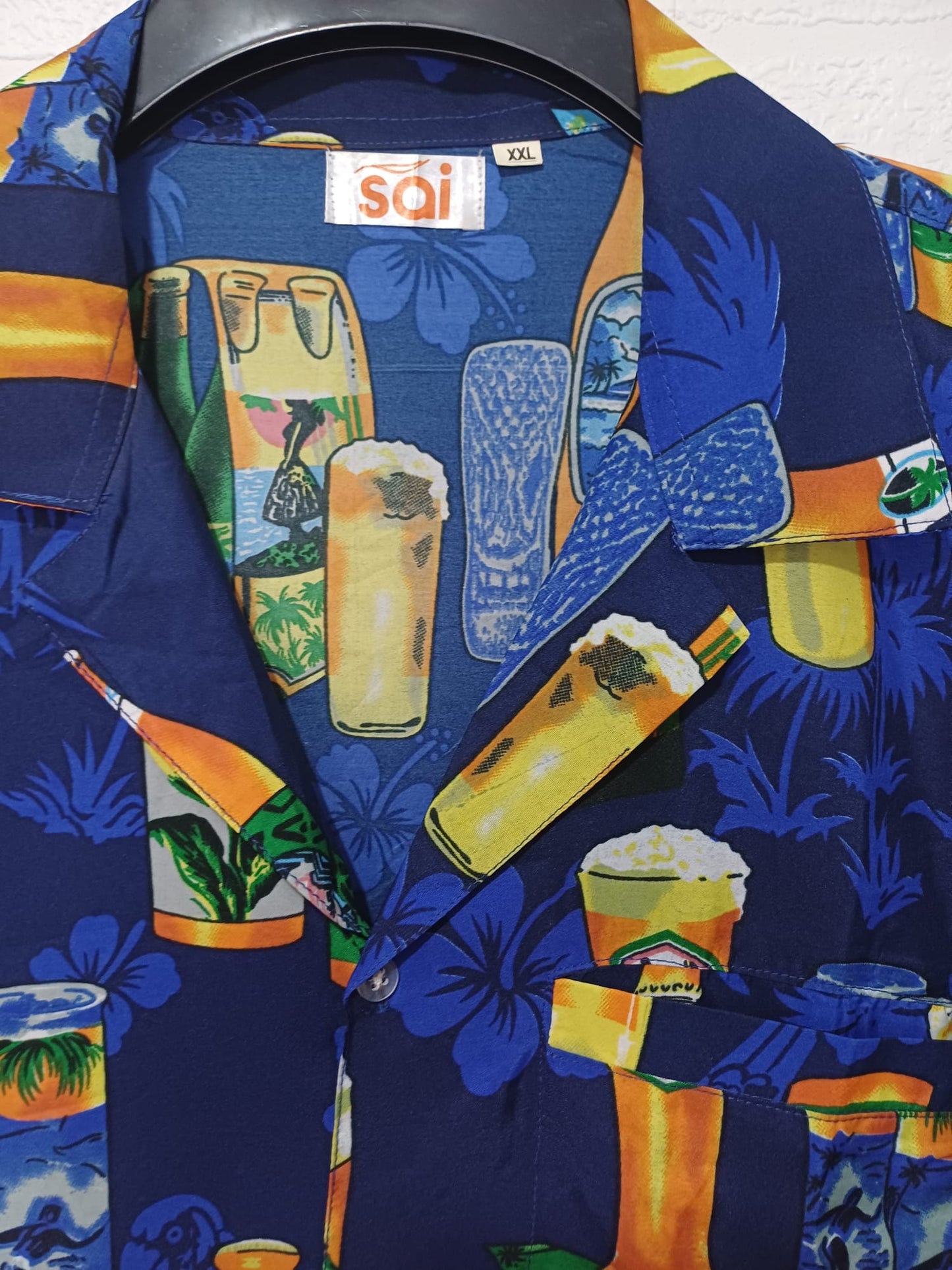 Men's Shirt SOI Navy Blue Tropical Beer Drinks Print XXL Approx. 26" PTP - Very Good Condition