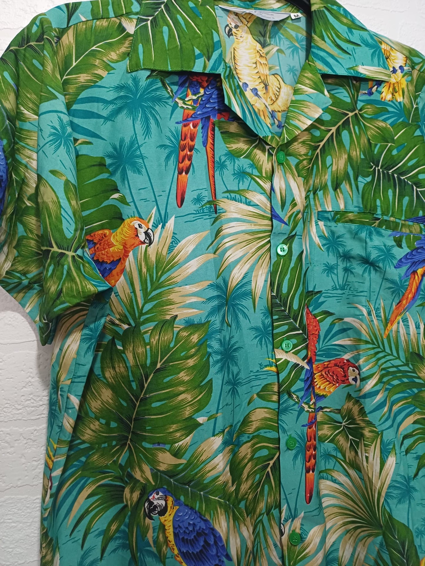 Men's Shirt Cubana Parrot Exotic Foliage Palm Leaf Print Medium Approx. 23" PTP - Very Good Condition