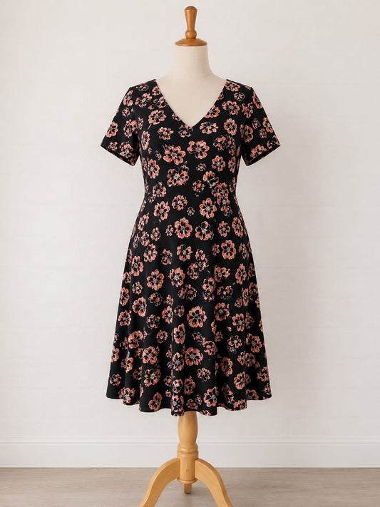 Women's Midi Dress GEORGE Black Floral V Neck Pink Red Flowers Size 16 Approx. 18" PTP - Brand New With Tags