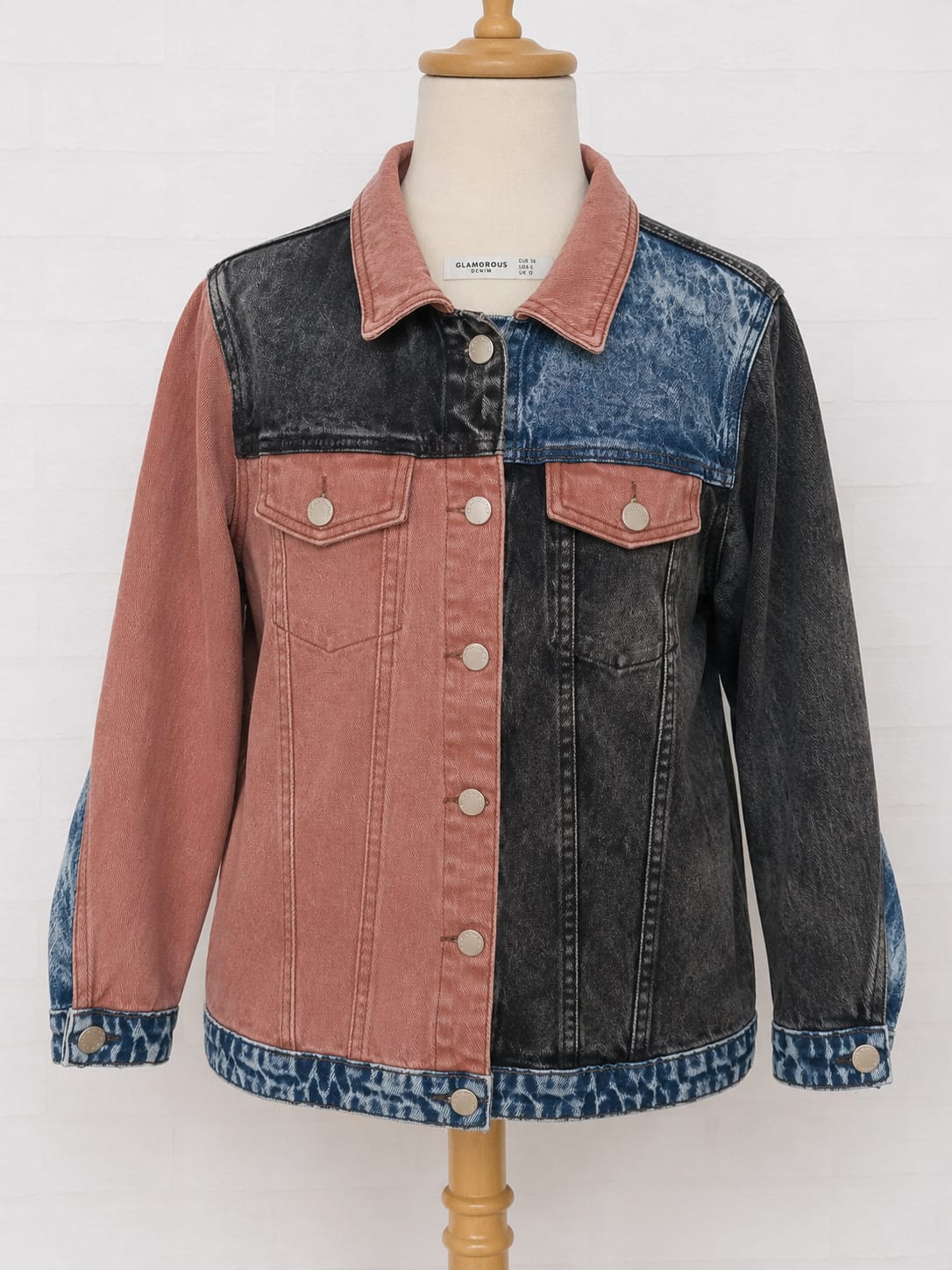 Women's Denim Jacket Glamorous Colour Block Pink Acid Wash & Blue Denim Panels Button Up Size 10 - Very Good Condition