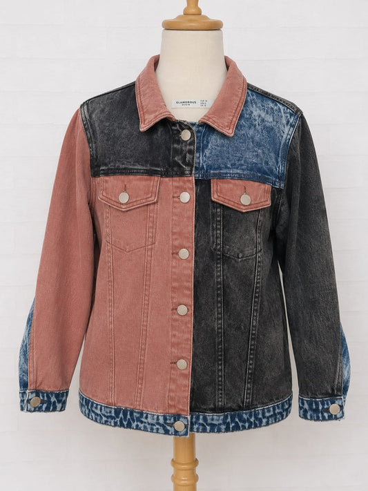 Women's Denim Jacket Glamorous Colour Block Pink Acid Wash & Blue Denim Panels Button Up Size 10 - Very Good Condition