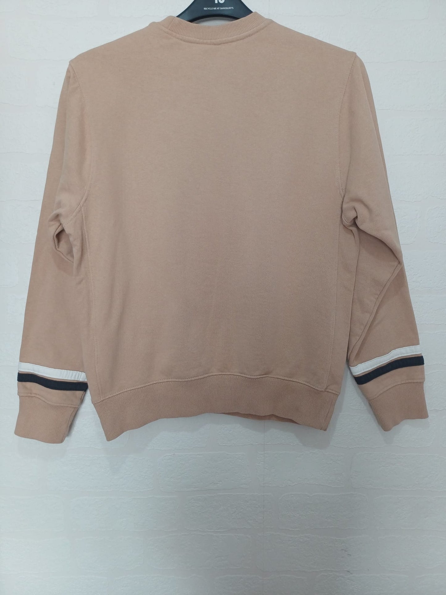 Men's Sweatshirt Nike Beige/Peach Crew Neck Logo Chest Red Swoosh Striped Cuffs Size XS/S - Very Good Condition