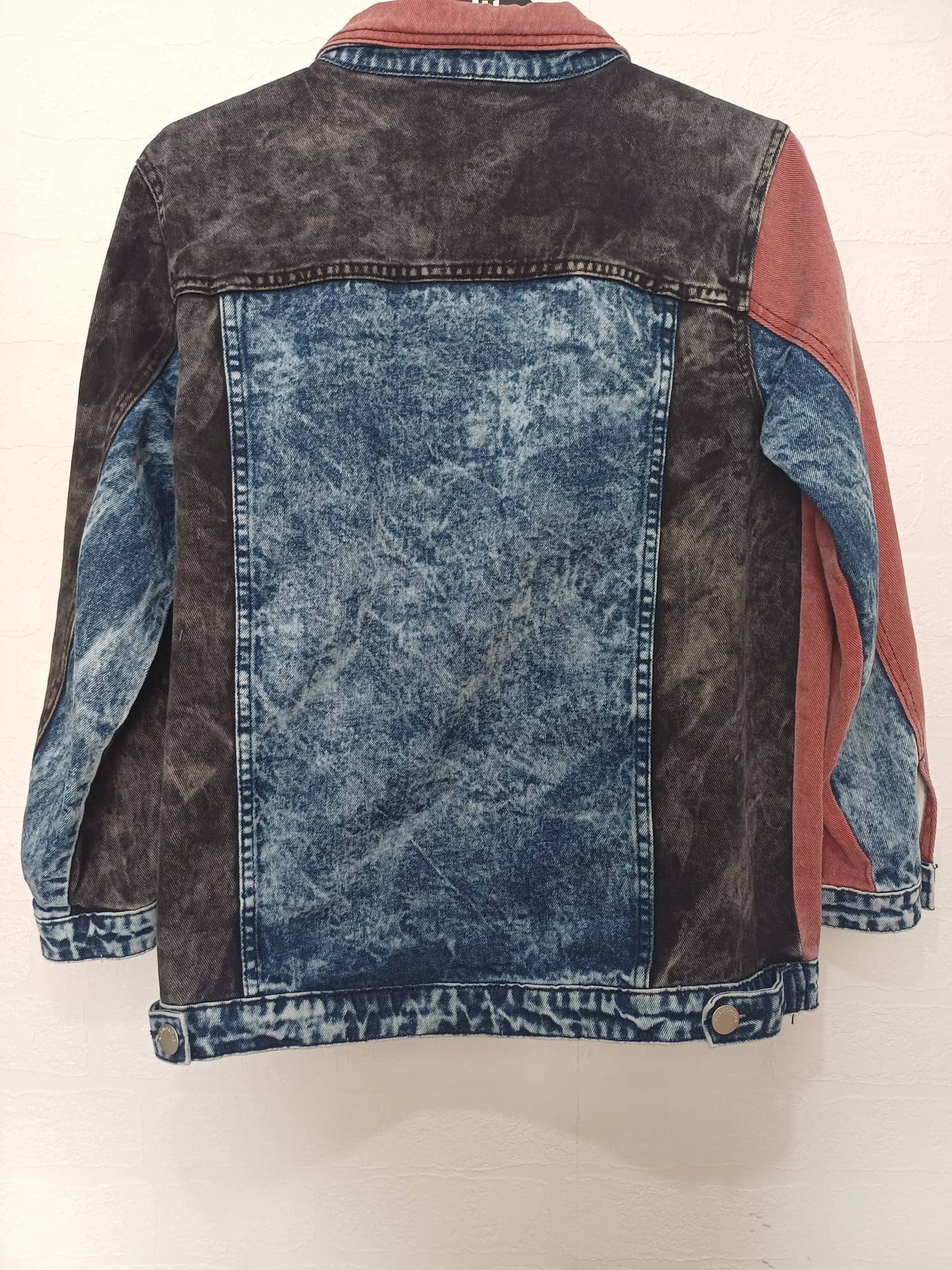 Women's Denim Jacket Glamorous Colour Block Pink Acid Wash & Blue Denim Panels Button Up Size 10 - Very Good Condition